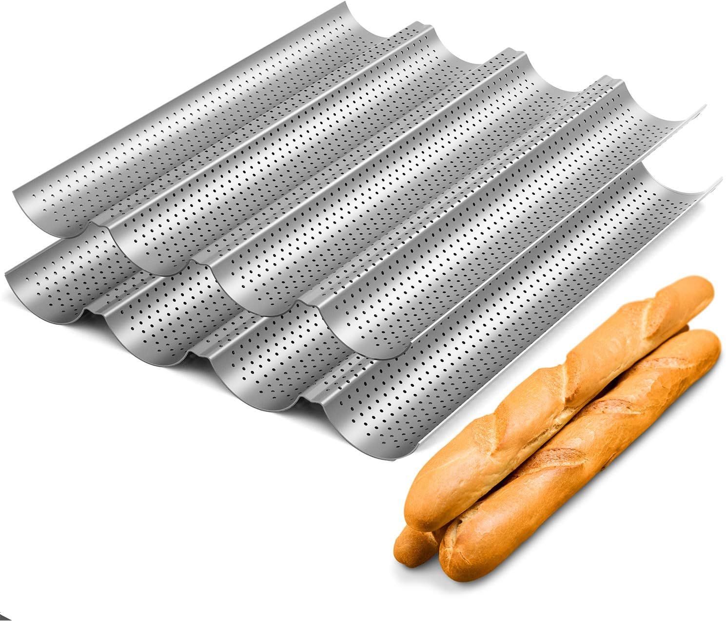 2 Pack Nonstick Perorated Baguette Pan 15" x 13" or rench Bread Baking 4 Wave Loaves Loa Bake Mold Oven Toaster Pan Silver