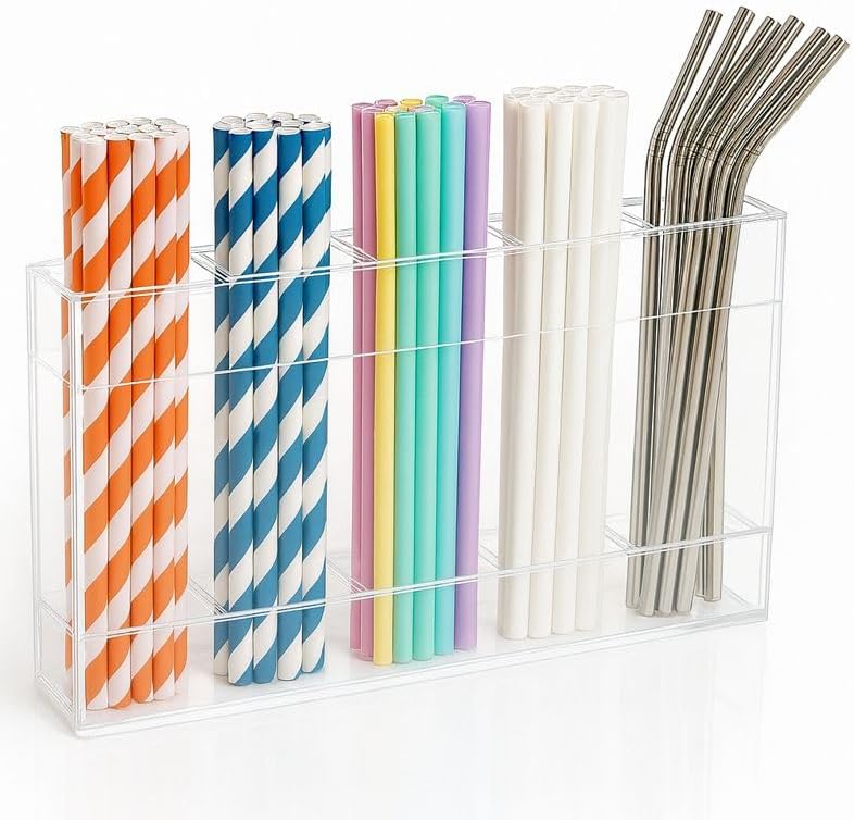 Fengzhe 9.5" Acrylic Straw Holder for Cabinet Door – Reusable Space-Saving Organizer with Strong Double-Sided Adhesive Tape, Straw Container for Kitchen Cupboard or Countertop Transparent