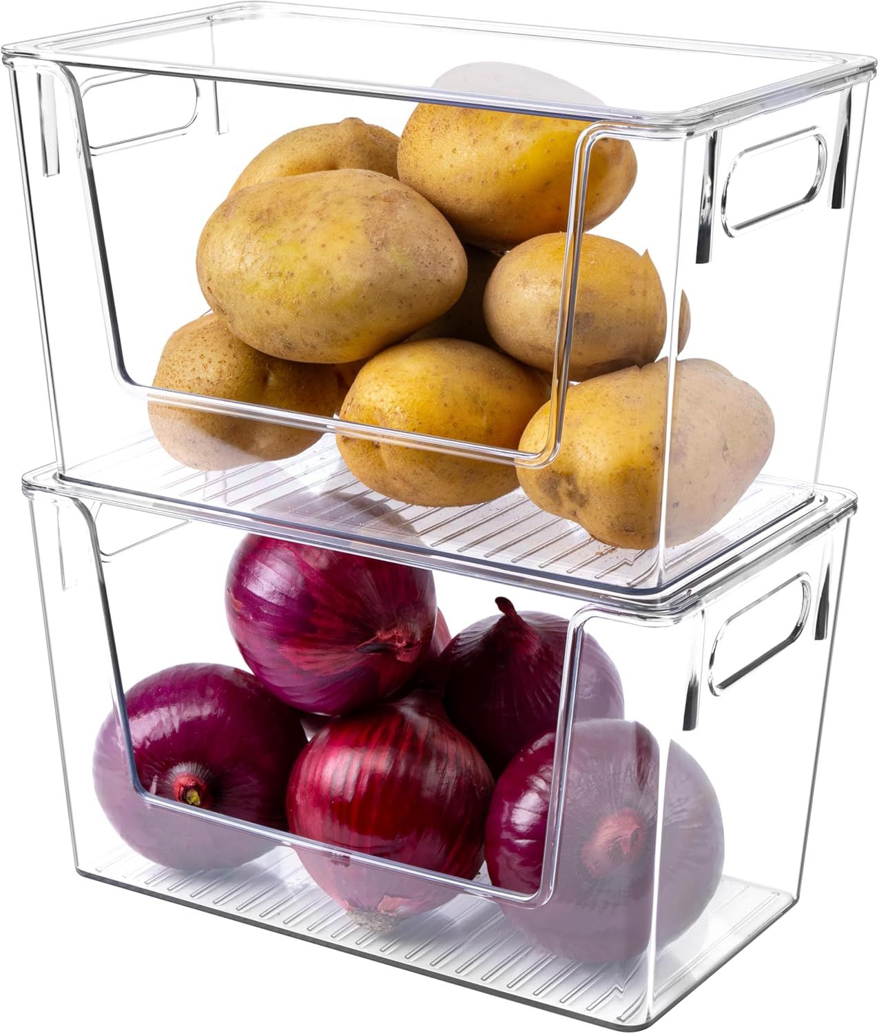 2 Pack Large Stackable Storage Bins, Plastic Container Organizer with Open ront, Pantry Organizers and Storage or Potato, Onion, ruit and Vegetable, Clear Kitchen Laundry Organizer with Lid