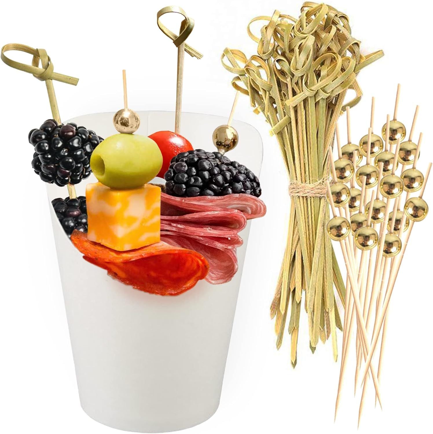 50pk 14oz White Charcuterie Cups with 200 Sticks 2 Types - Wide Enlarged Top Cutout or Better Display - White Paper Charcuterie Board Cups Set