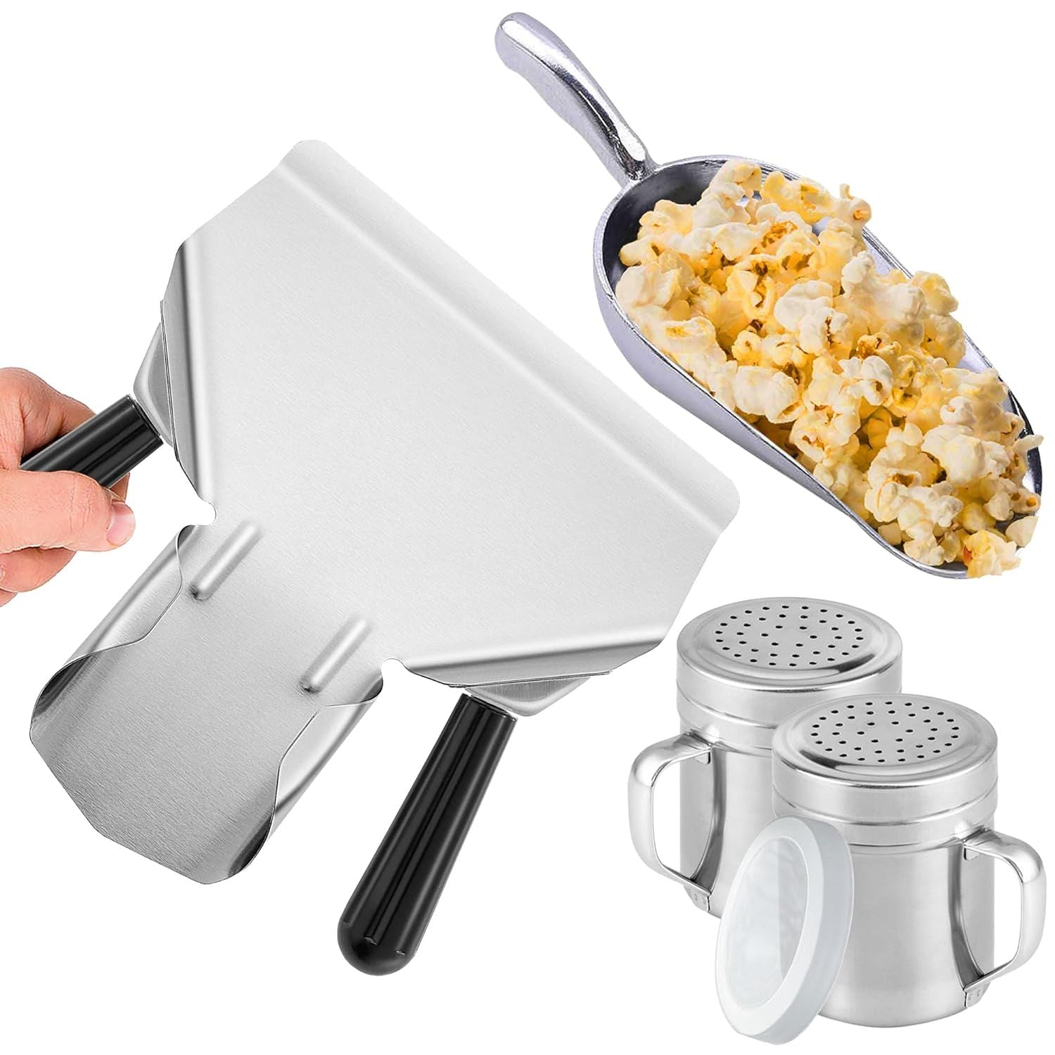 Double Handle Concession Popcorn Scoop + 12 oz Aluminium Popcorn Scoop + 2-pcs 10 oz Dredge Shakers Bundle