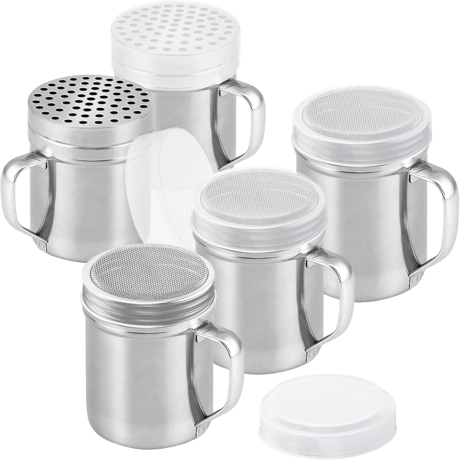 10oz, 10oz, 14oz Powdered Sugar Shakers + 2-pcs 10 oz Metal Parmesan Cheese Shakers Large Holes - All with Plastic Caps and Handles Bundle