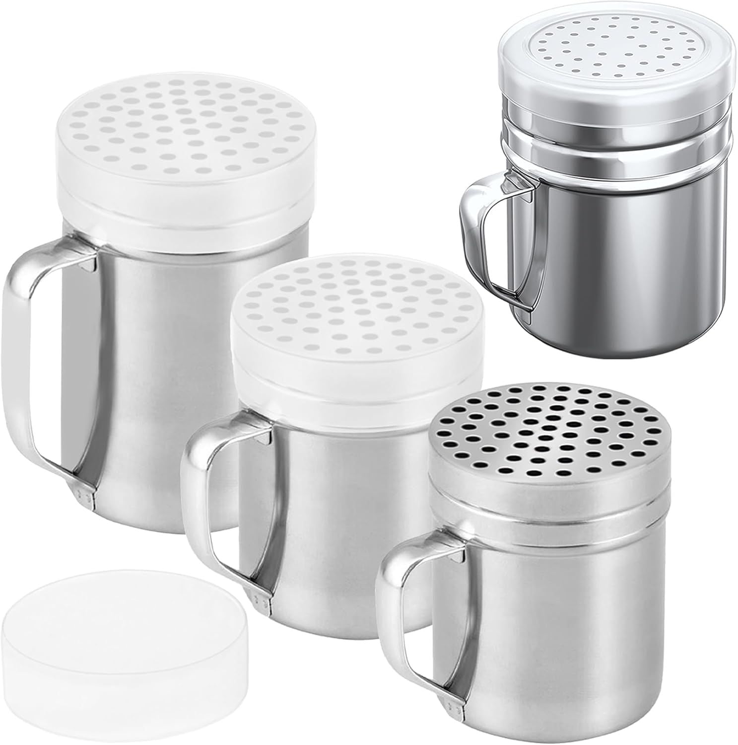 10oz + 10oz + 14oz Large Holes Stainless Steel Dredges + 1-pc 10 oz Stainless Steel Salt Pepper Dredge Shaker - All with Plastic Caps and Handles Bundle