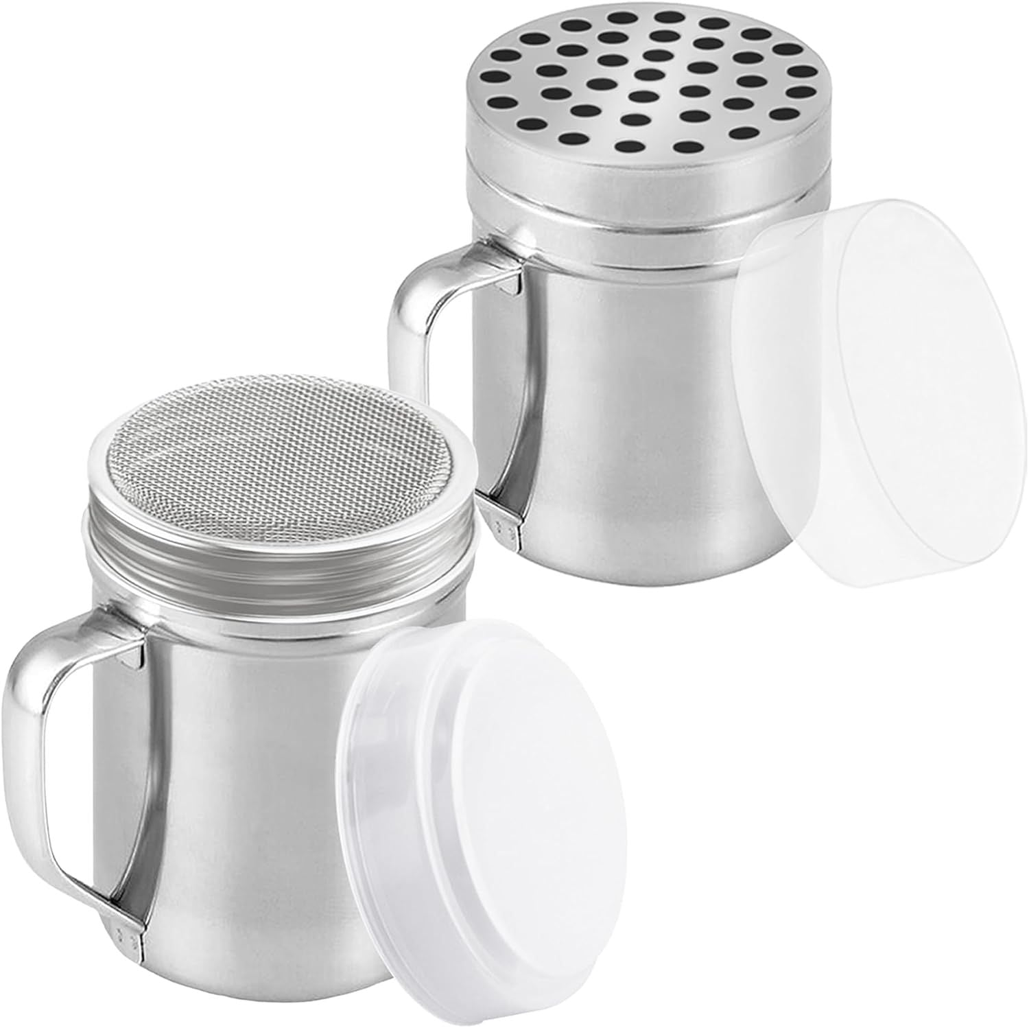 6 oz Powdered Sugar Shaker Duster + 6 oz Metal Parmesan Cheese Shaker Large Holes - All with Plastic Caps and Handles Bundle