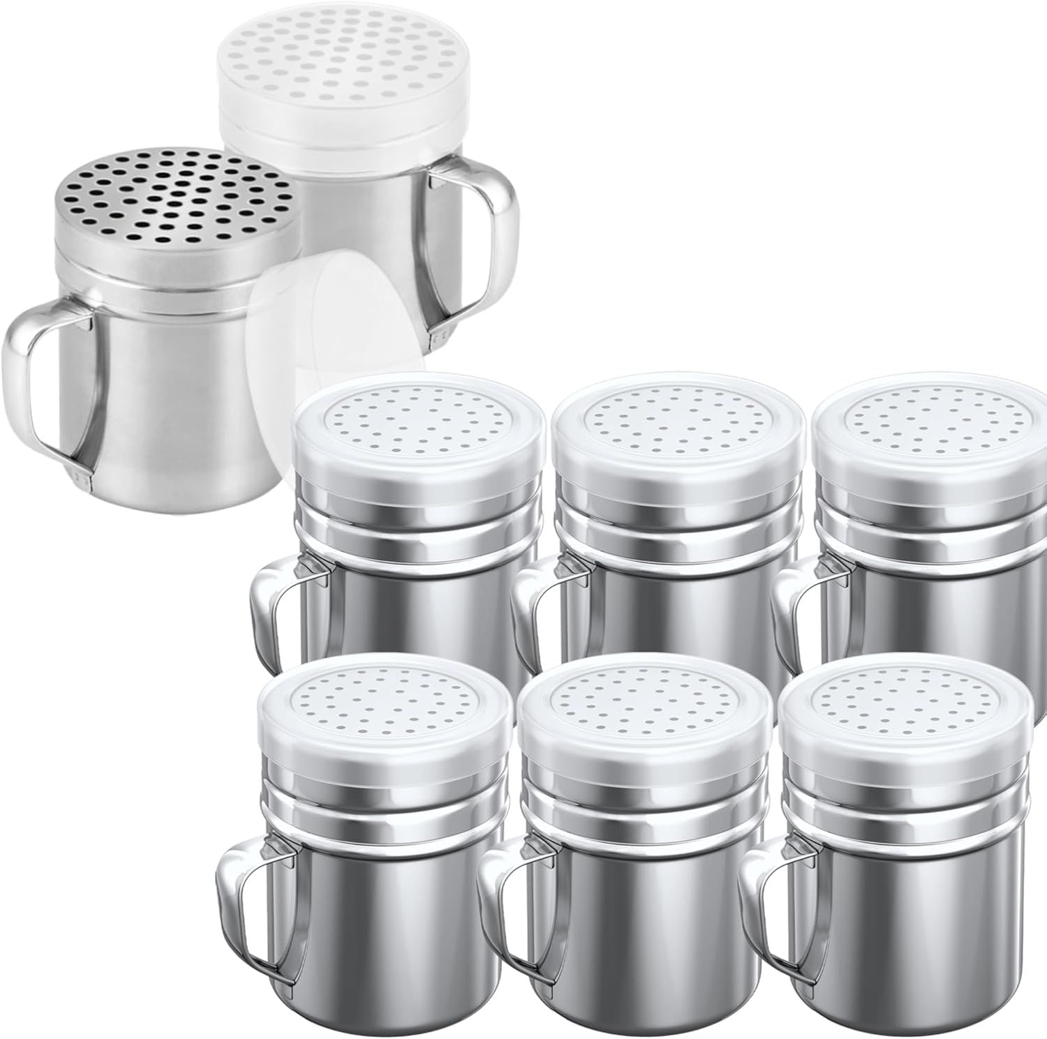 6-pcs 10 oz Stainless Steel Salt Pepper Dredge Shakers + 2-pcs 10 oz Metal Parmesan Cheese Shakers - with Plastic Caps & Handles Bundle