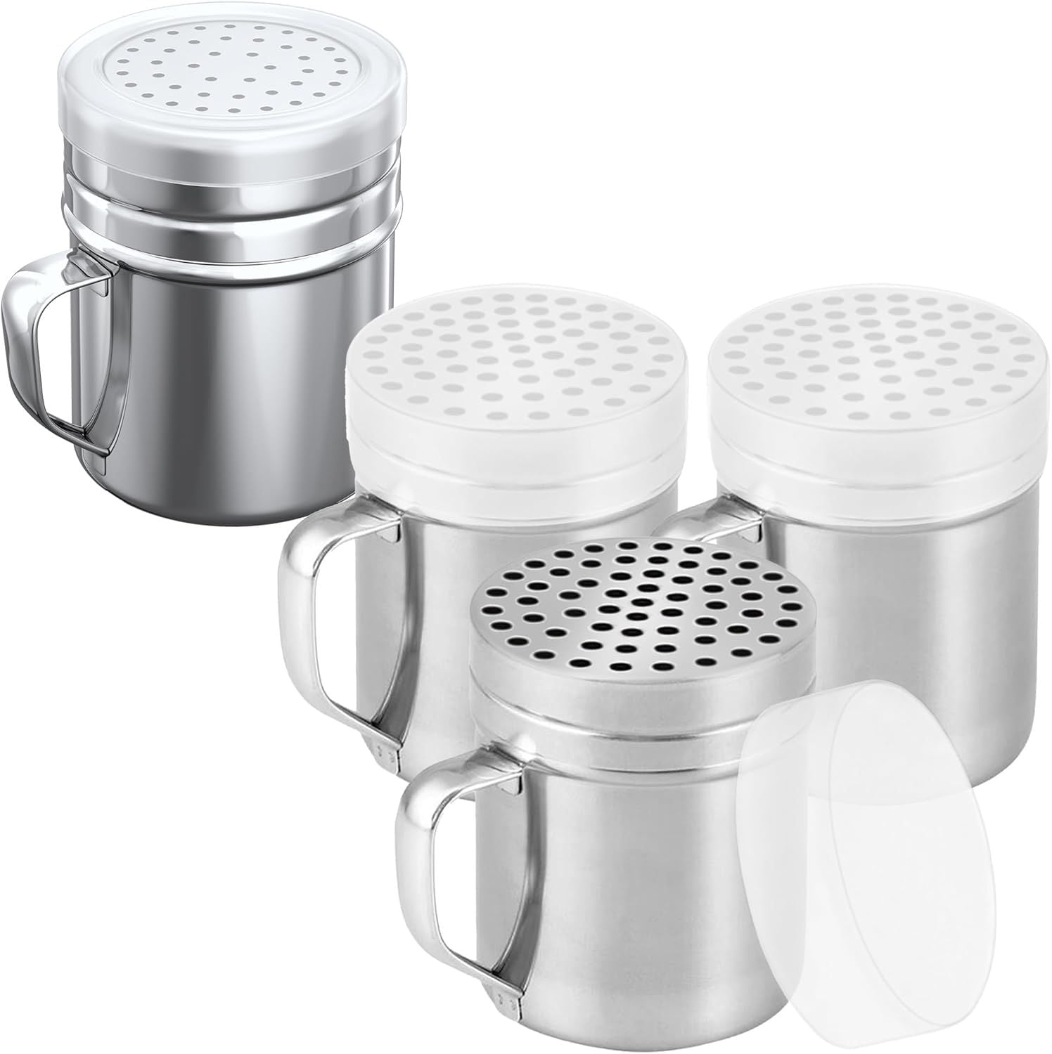 3-pcs 10 oz Metal Parmesan Cheese Shakers Large Holes + 1-pc 10 oz Stainless Steel Salt Pepper Dredge Shaker - with Plastic Caps & Handles Bundle