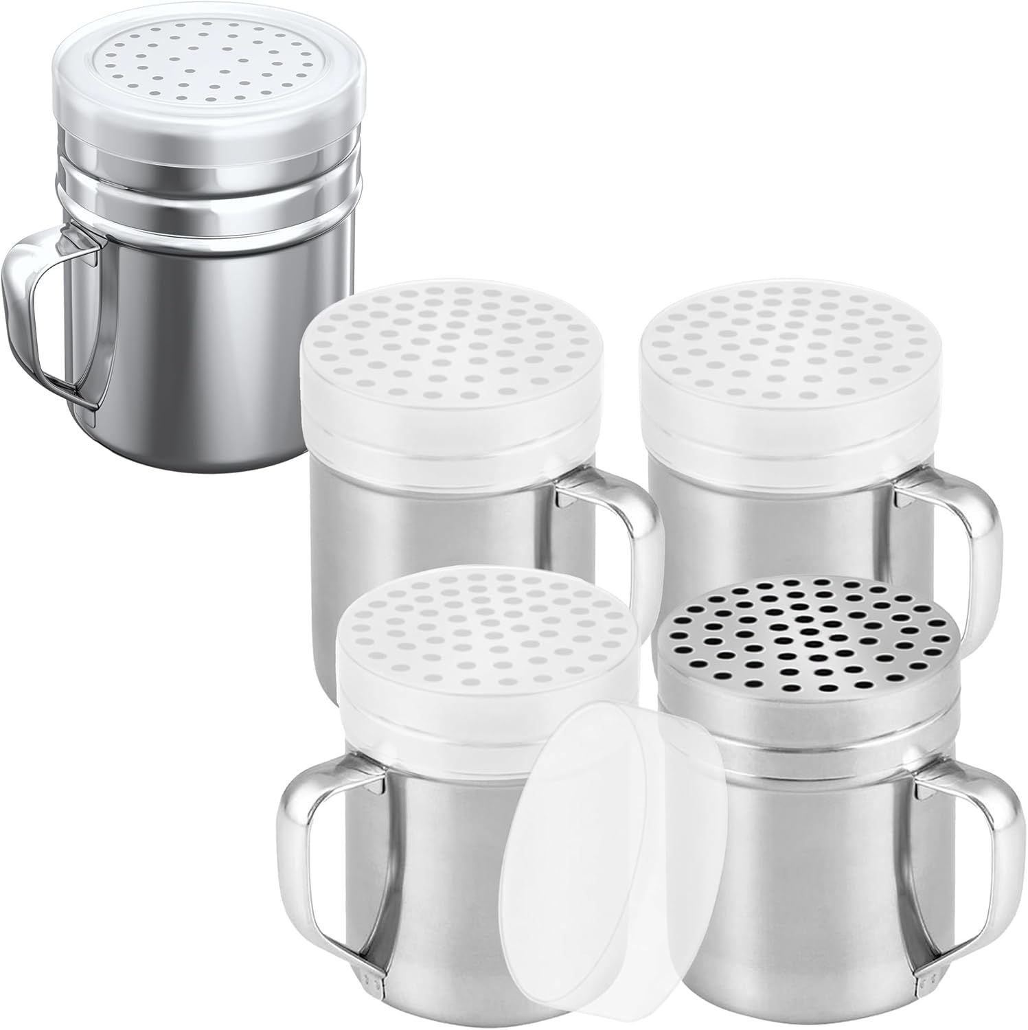 4-pcs 10 oz Metal Parmesan Cheese Shakers Large Holes + 1-pc 10 oz Stainless Steel Salt Pepper Dredge Shaker - with Plastic Caps & Handles Bundle
