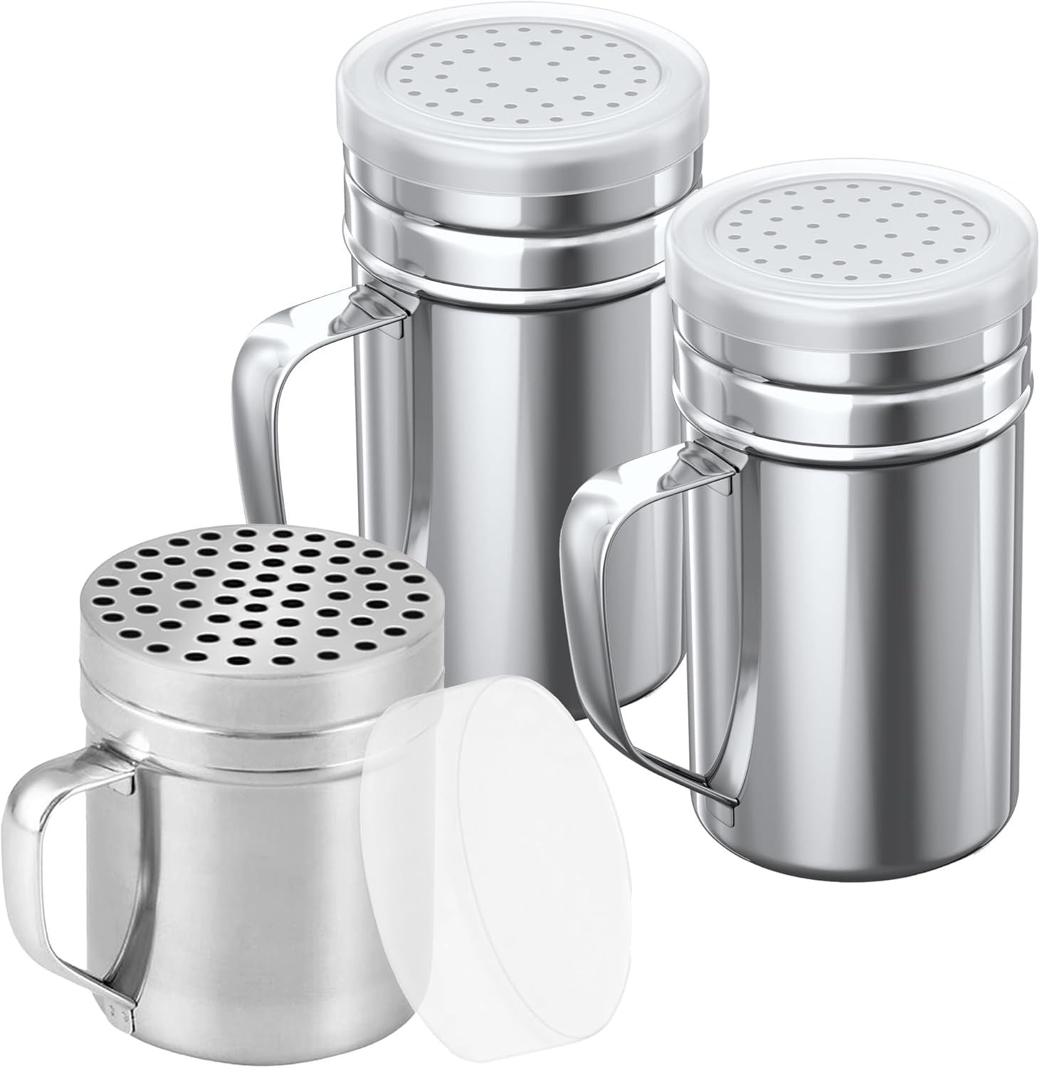 1-pc 10 oz Metal Parmesan Cheese Shaker Large Holes + 2-pcs 14 oz Metal Salt Pepper Dredge Shakers - with Plastic Caps & Handles Bundle