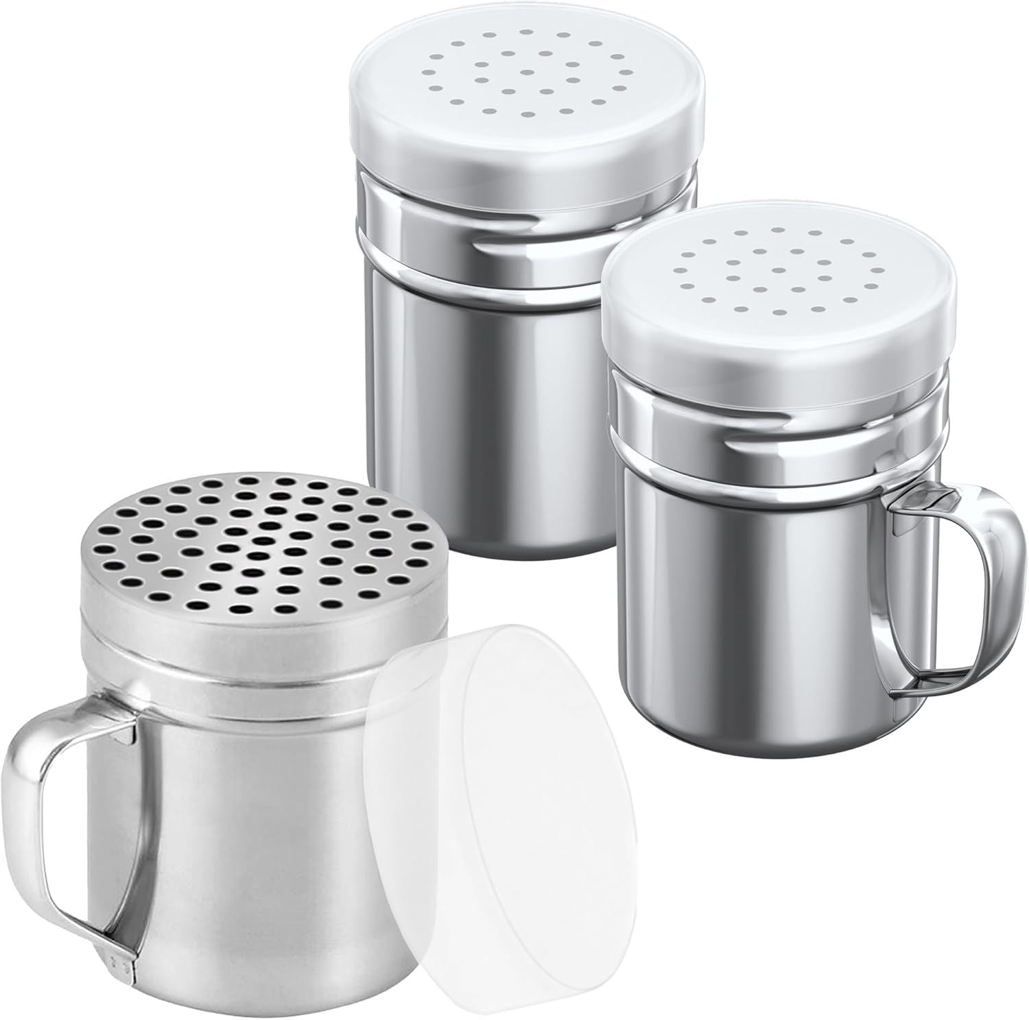 1-pc 10 oz Metal Parmesan Cheese Shaker Large Holes + 2-pcs 6 oz Metal Salt Pepper Dredge Shakers - with Plastic Caps & Handles Bundle