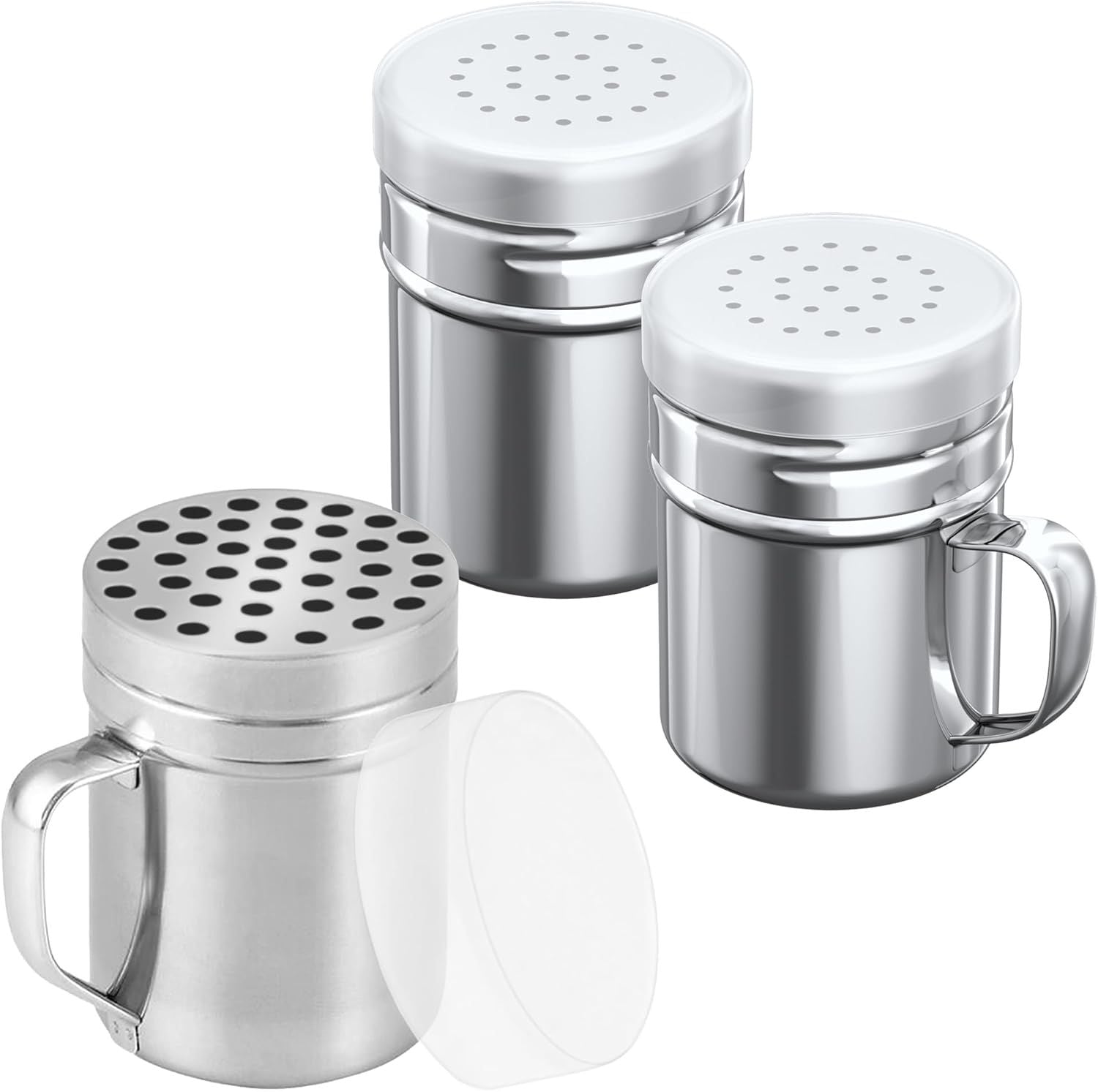 1-pc 6 oz Metal Parmesan Cheese Shaker Large Holes + 2-pcs 6 oz Metal Salt Pepper Dredge Shakers - with Plastic Caps & Handles Bundle