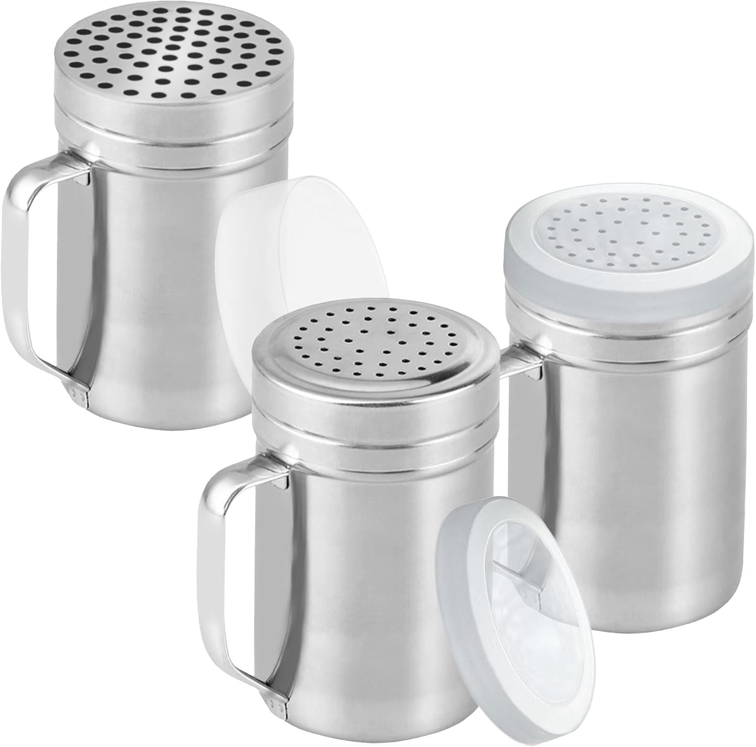2-pcs 14 oz Large Metal Salt Pepper Dredge Shakers + 1-pcs 14 oz Metal Parmesan Cheese Shaker - with Hadles and Caps Bundle