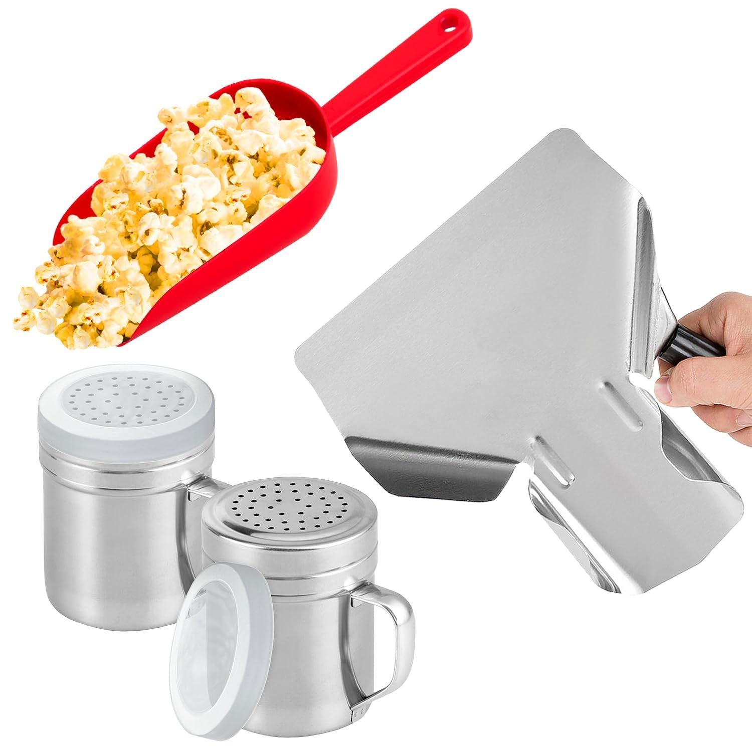 12 + 16 oz Metal + Red Plastic Concession Popcorn Scoop + 2-pcs 10 Ounce Salt Pepper Dredge Shakers Medium Holes with Lids and Handles Bundle
