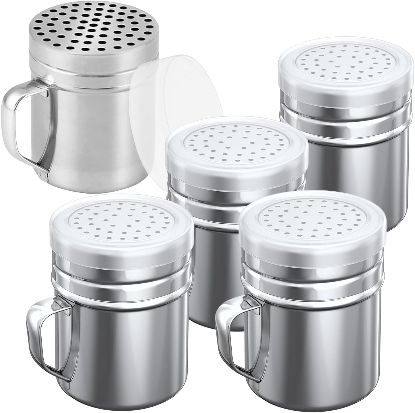 4-pcs 10oz Metal Salt Pepper Cooking Dredge Shakers Medium Holes + 1-pcs 10oz Metal Parmesan Cheese Shaker Large Holes - with Plastic Caps and Handle