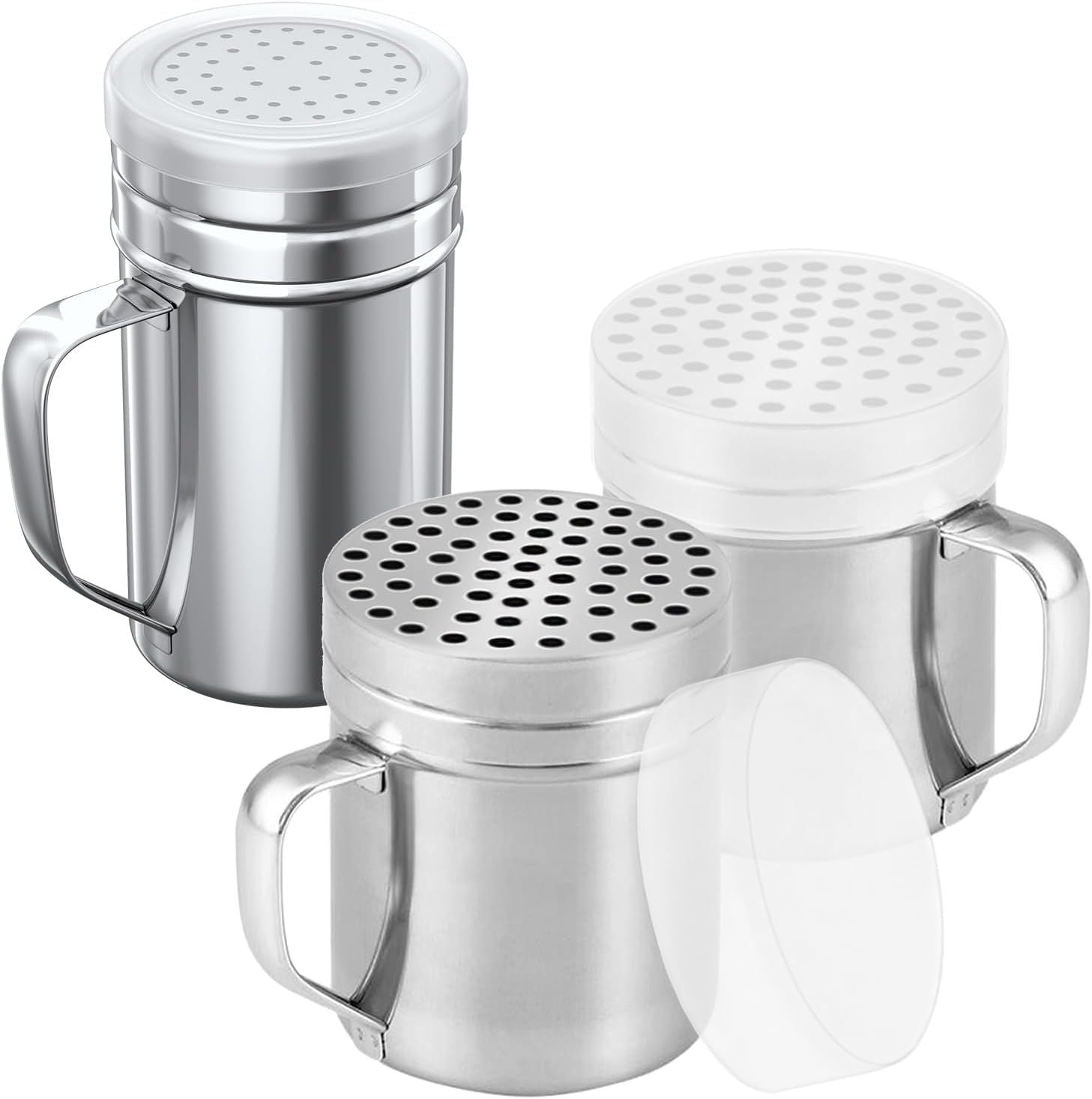 2-pcs 10oz Metal Parmesan Cheese Shakers Large Holes + 1-pcs 14oz Stainless Steel Salt & Pepper Dredge Shaker Medium Holes - with Plastic Caps and Handles Bundle
