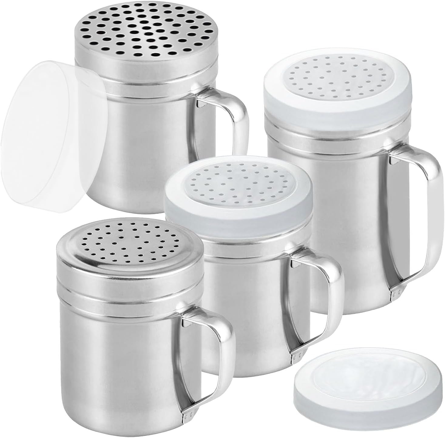 2 Stainless Steel Salt & Pepper Dredge 10 + 14 oz + 10 ounce Metal Parmesan Cheese Shaker Large Holes - with Plastic Caps & Handles Bundle