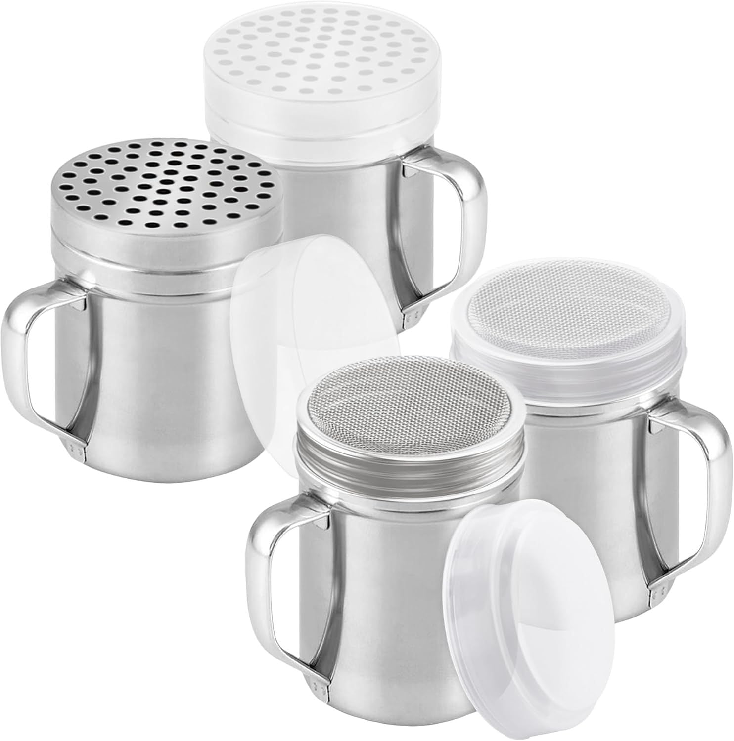 2-pack 6oz Powdered Shaker with ine Mesh, 2-pack 10oz Metal Parmesan Cheese Shaker with Large Holes - with Handle and Plastic Cap