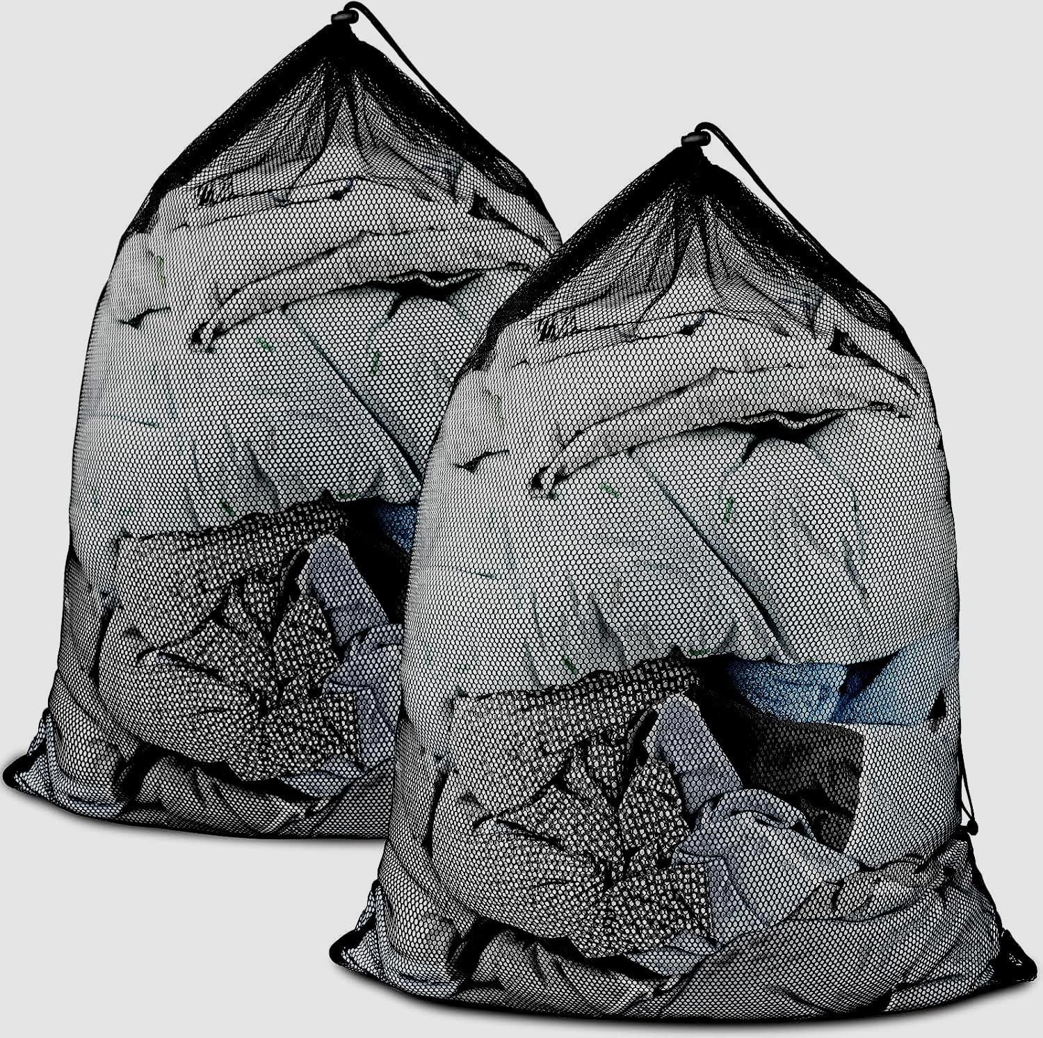 2 Pack Large Mesh Laundry Bags, 24" x 36" Heavy Duty Strong Drawstring Dirty Clothes Bags with Soft Breathable Net, Machine Washable Laundry Bag for College, Dorm, Camp, Travel and Family Use Black