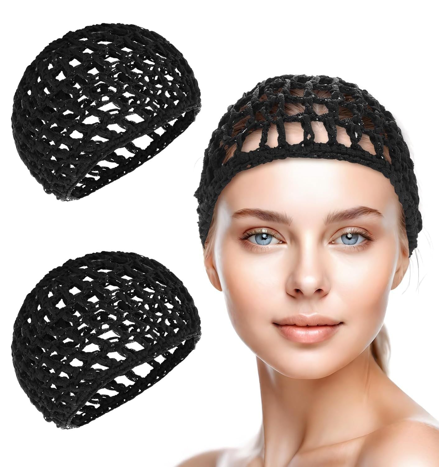 Crochet Hair Net, Comfortable Breathable Hair Net for Silk Press, Sleeping, Shower, Makeup, Hold Hair in Place All Night, Black Reusable & Elastic, 2 Pack