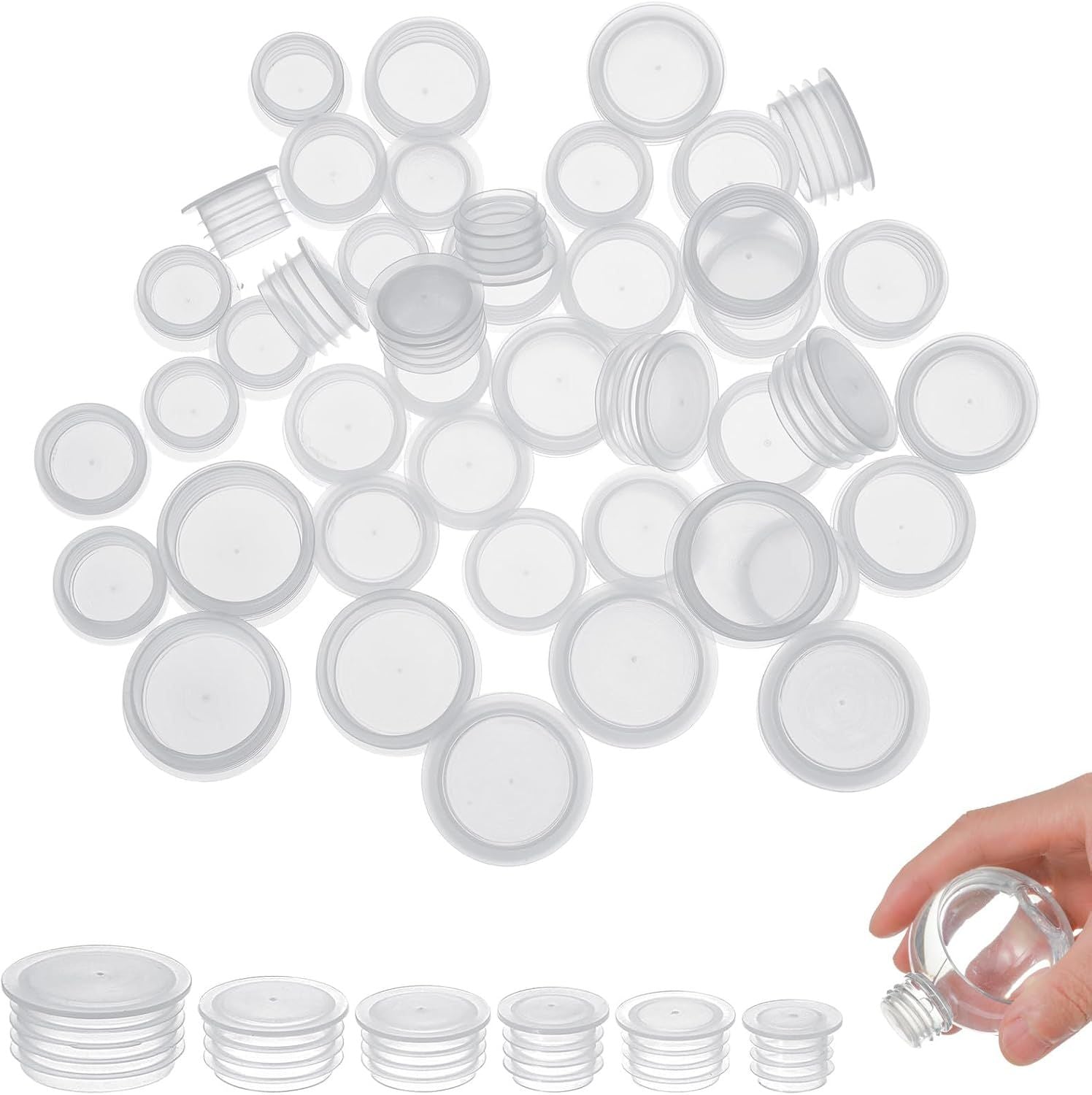 60Pcs Salt and Pepper Stoppers Plugs, 6 Sizes 13/15/17/18/19/23 mm Plastic Bottle Plugs, Leak-Proof Clear Caps for Spice Containers & Shaker Bottles, Reusable