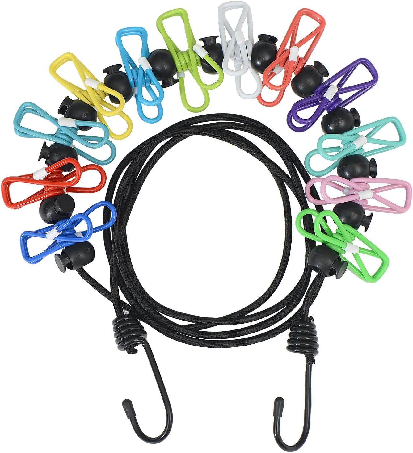 Portable Clothesline Retractable - Travel Drying Rack with Clothespins, Waterproof Outdoor Camping Laundry Line for Indoor Use in Hotel, Home, Apartment Black Rope + Multi-Color Clips