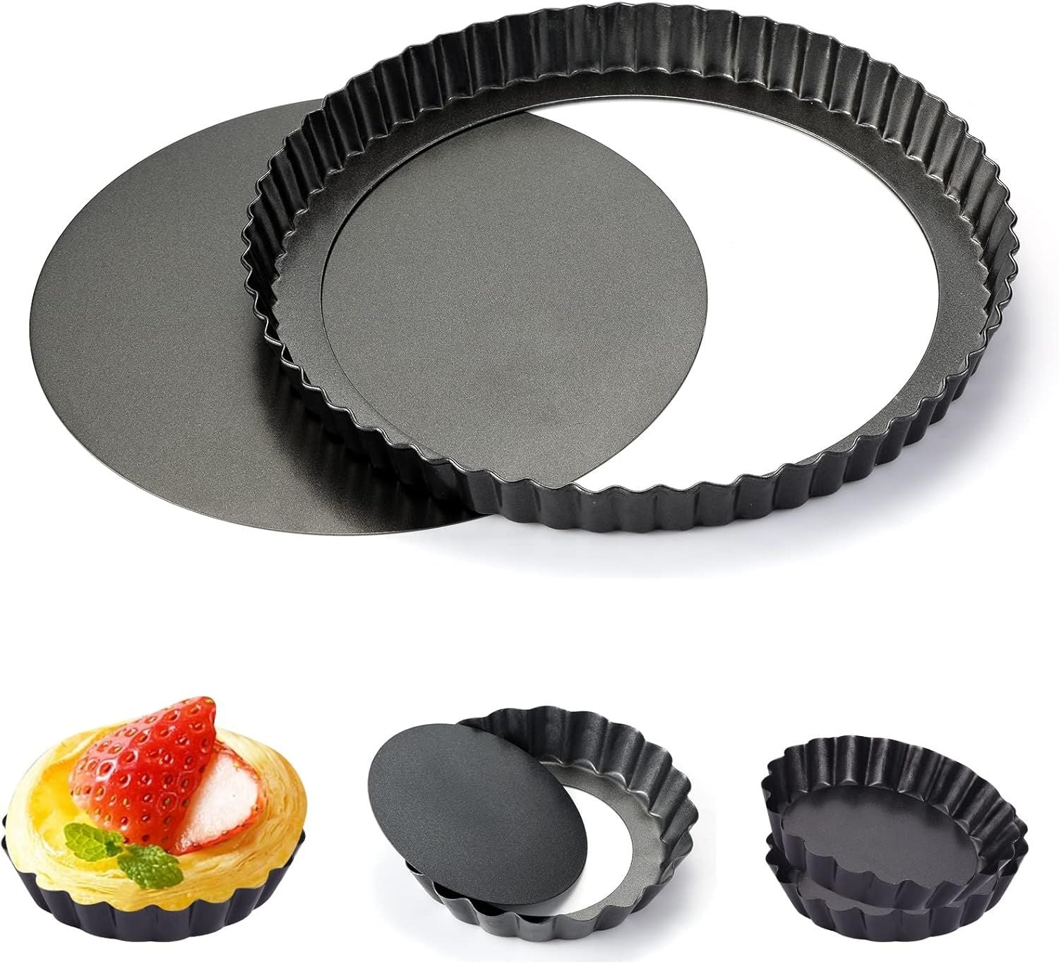 9 in Non-Stick Tart and Quiche Pan with Removable Bottom and 4 Mini Tart Pans 4-inch, Heavy Duty Fluted Side for Pies, Mousse Cakes, Dessert Baking 5 Pack