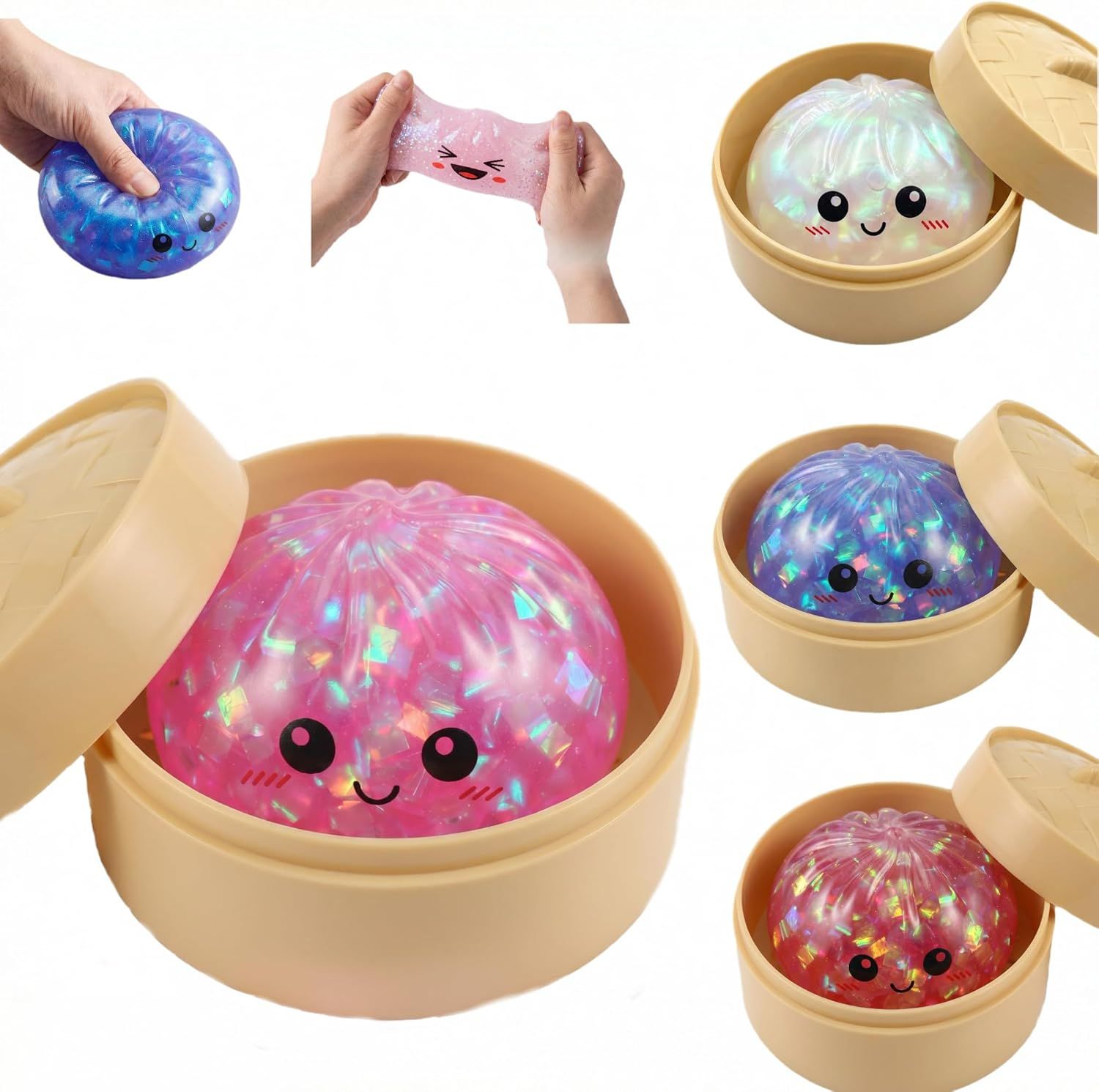 Glitter Dumpling Squishy Toy Dumpling Stress Ball with Steamer Case, Stress Relief Fidget Toy for Adults, Cute Squeeze Desk Toy Portable Toy Gift Idea Shimmer Pink
