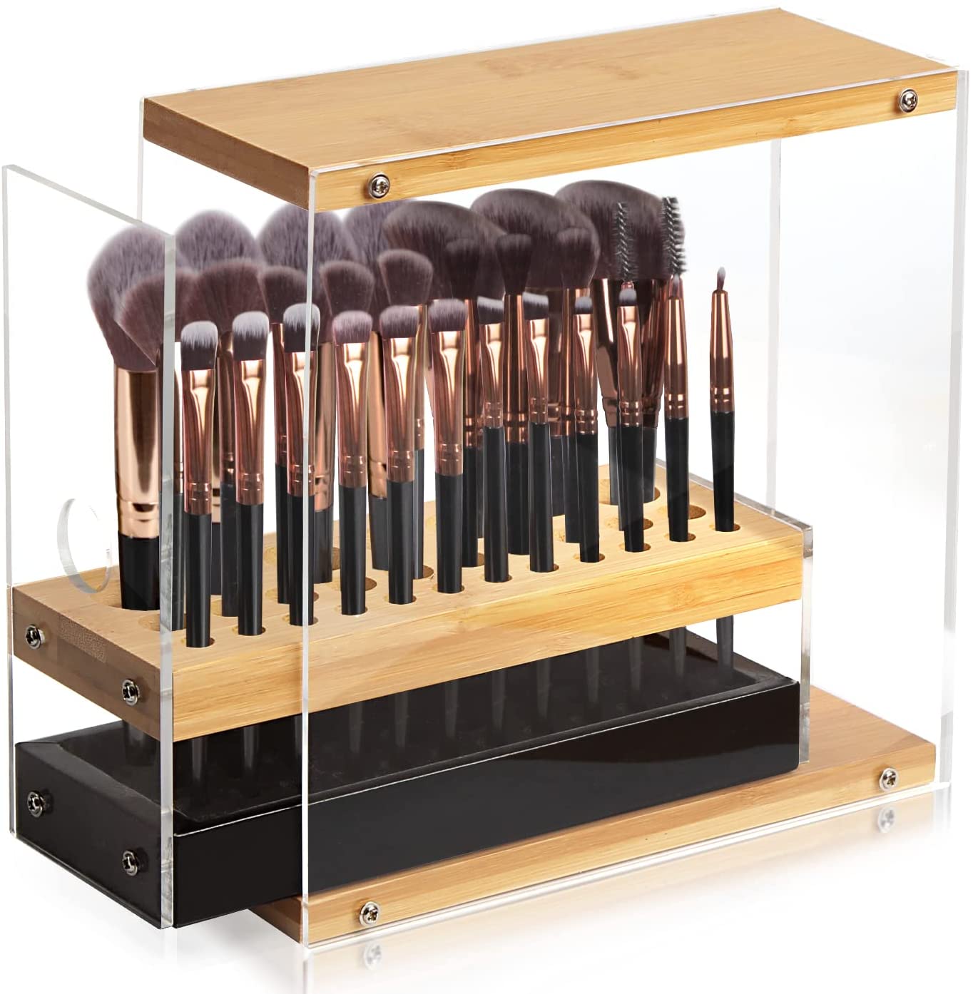 31 Holes Acrylic Bamboo Brush Holder Organiser Beauty Cosmetic Display Stand with Leather Drawer Black 22.3 x 8.6 x 21.5 cm