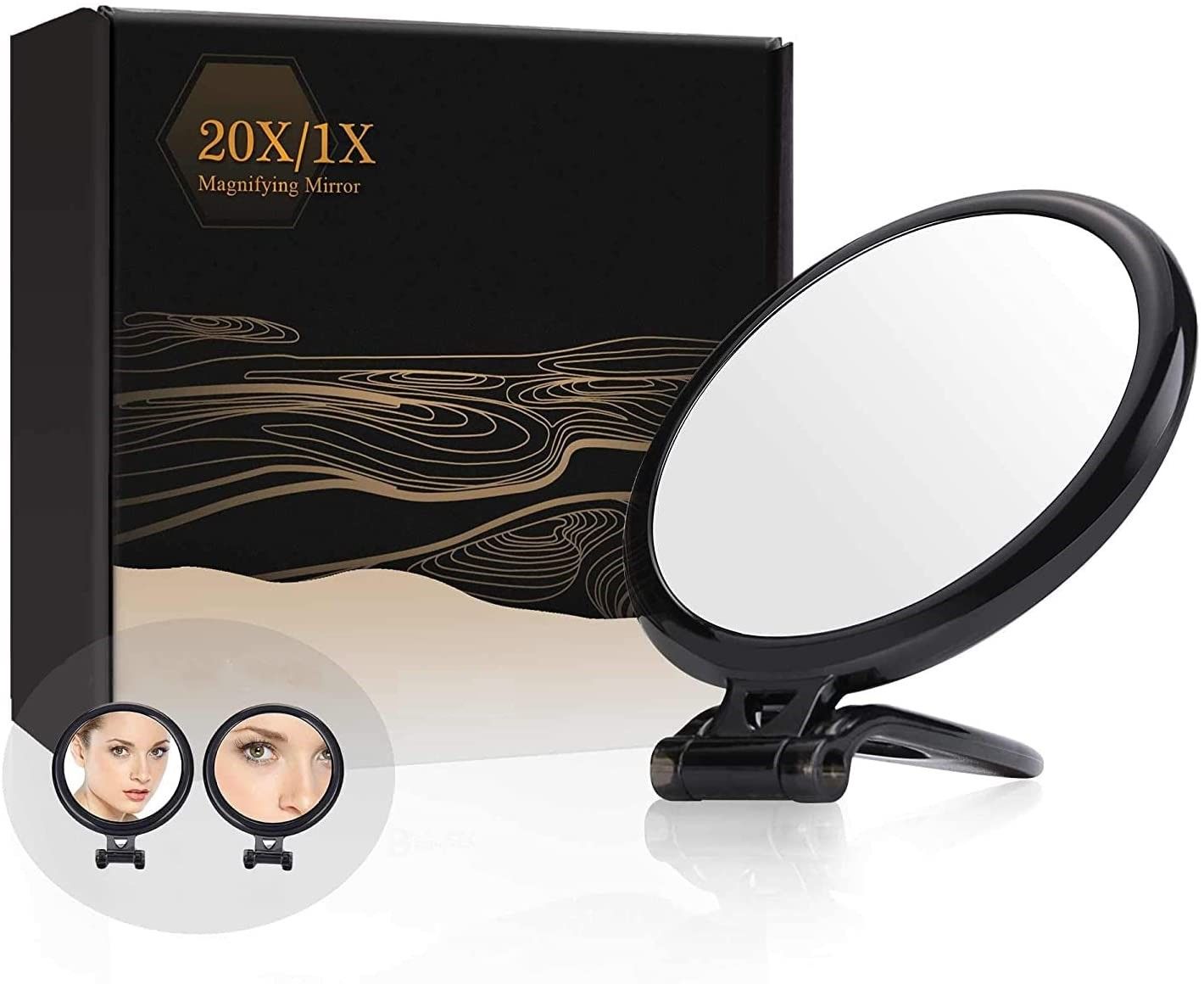 20X Magnifying Hand Mirror Two Sided Use for Makeup Application, Tweezing, and Blackhead/Blemish Removal 12.5 cm Black