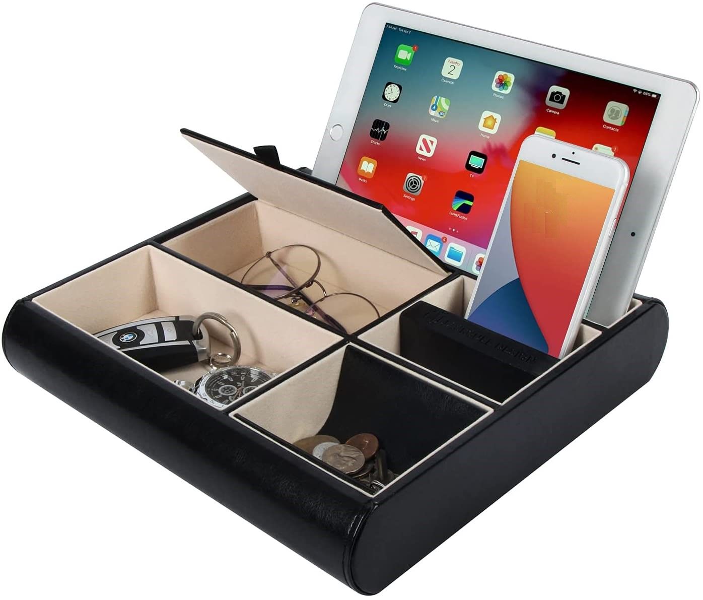 Valet Tray Leather Multi Catch Storage Box for Jewellery Accessories, Keys, Phone, Wallet, Coin, Jewellery Black