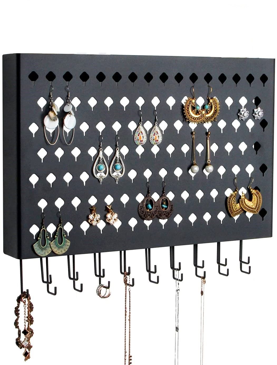 Wall Mount Earring Jewelry Hanger Organizer Holder with 109 Holes and 19 Hooks Black