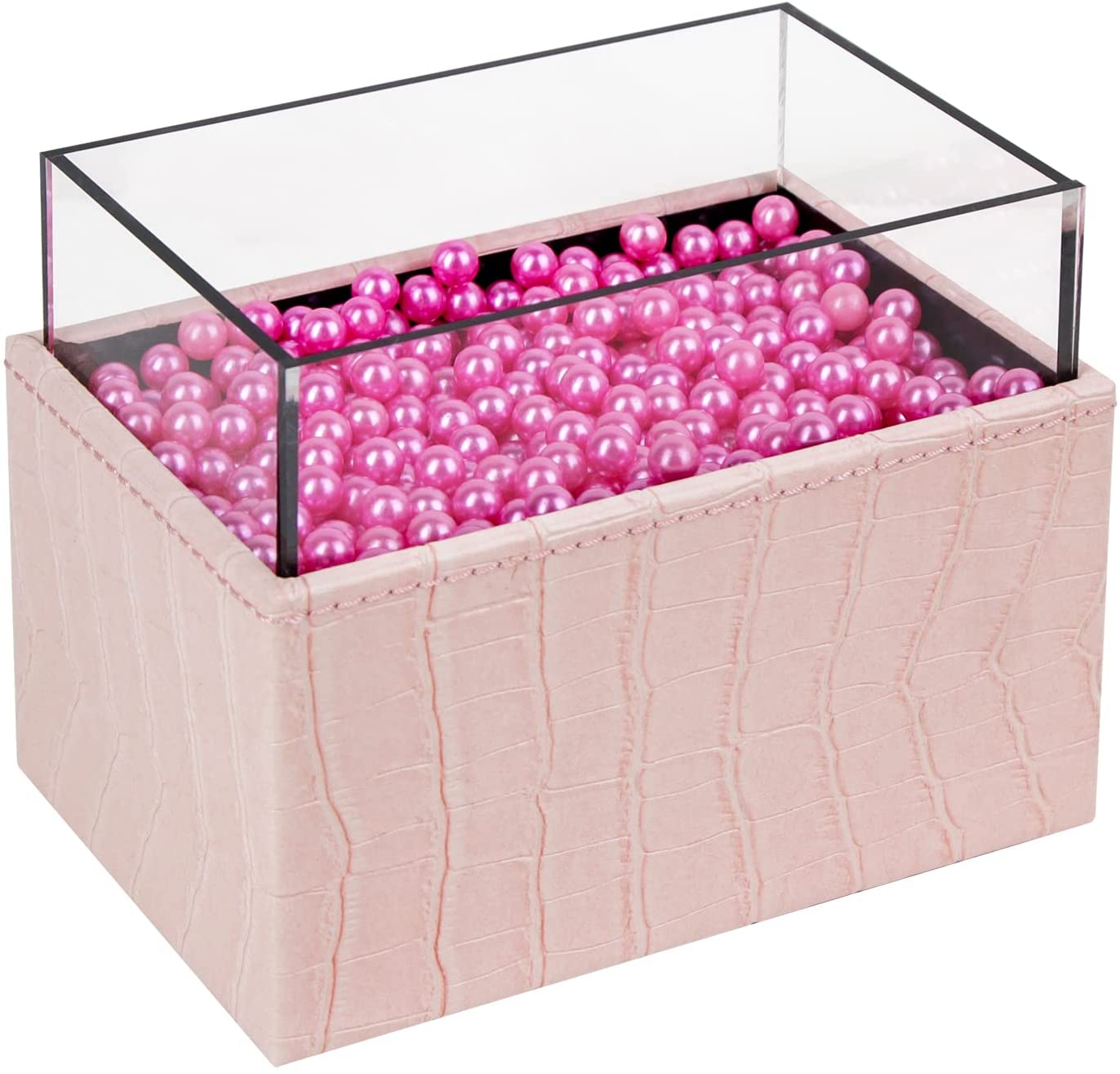 Leather Makeup Brush Cosmetic Organiser Storage Box with Pink Pearls and Acrylic Cover Pink