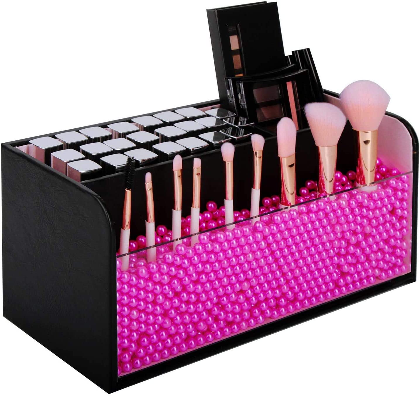 Leather Makeup Brush Cosmetic Organiser Storage Box with Pink Pearls, Acrylic Cover and 3 Compartments Black