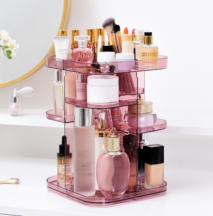 360 Rotating Large Capacity Makeup Organizer for Bedroom and Bathroom Pink