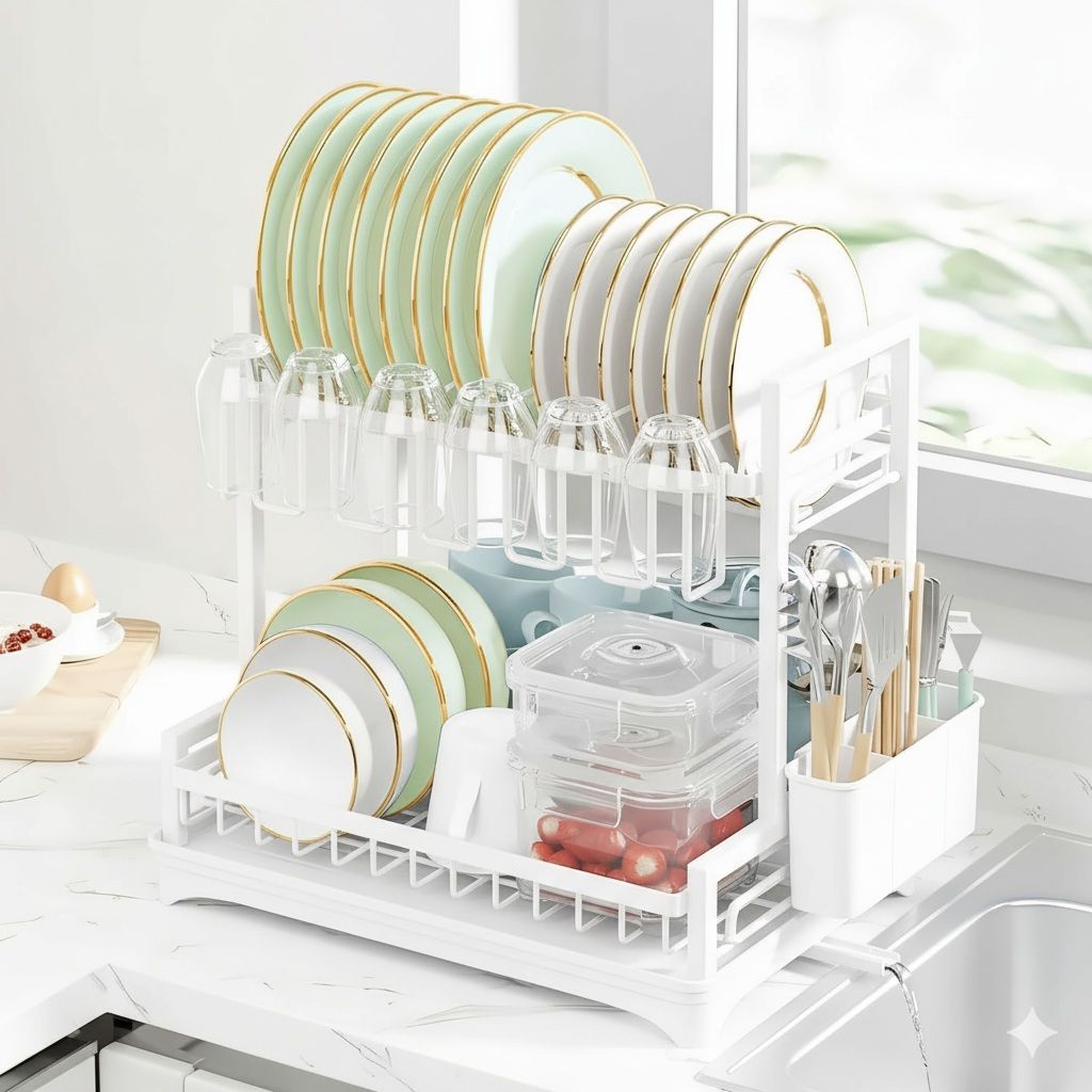 CARLA HOME Dish Drying Rack 2-Tier Kitchen Drainer with Drainboard White