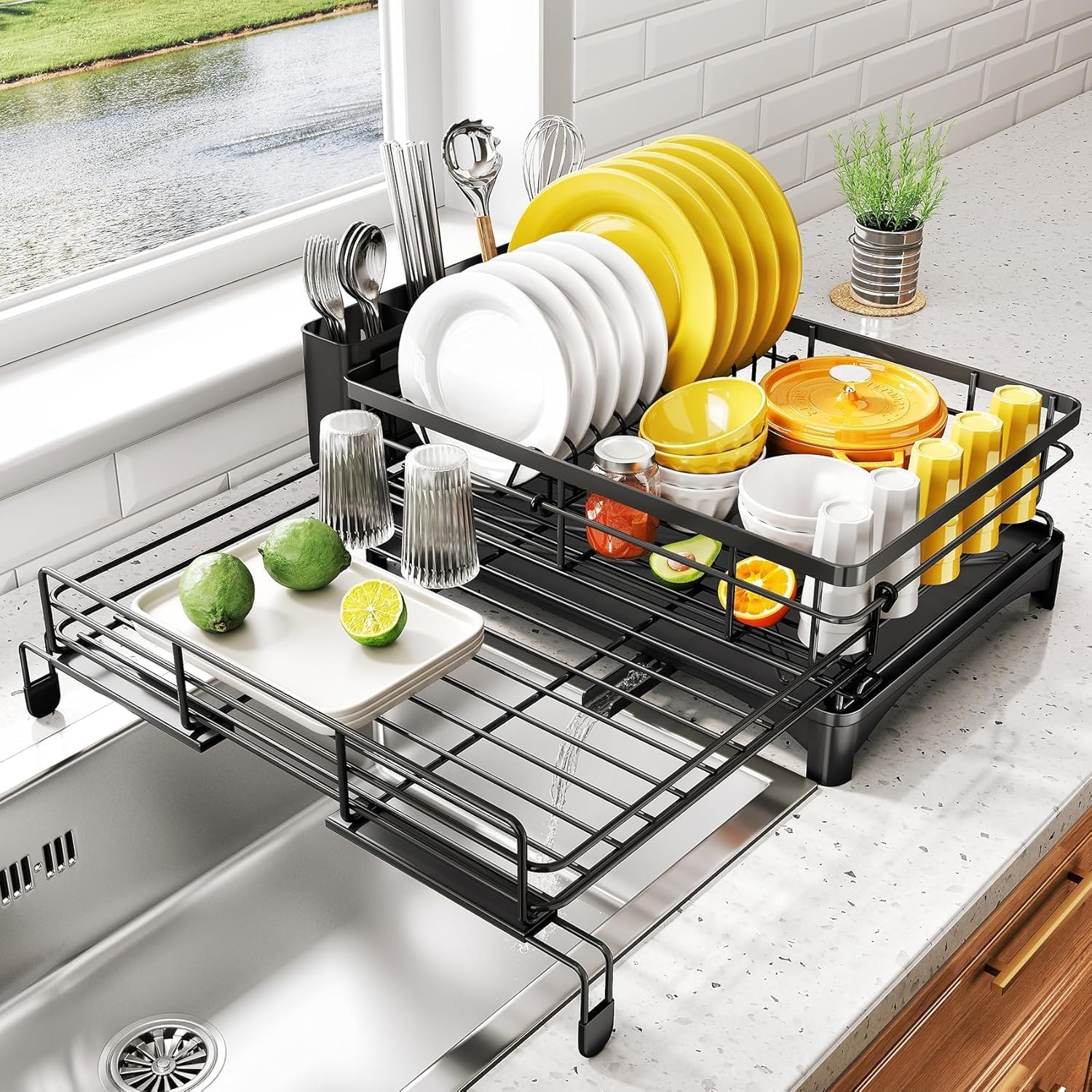 CARLA HOME Expandable Dish Drying Rack with Drainage Spout, Utensil Holder & Drainboardfor Kitchen Countertop Organizer 1 tier