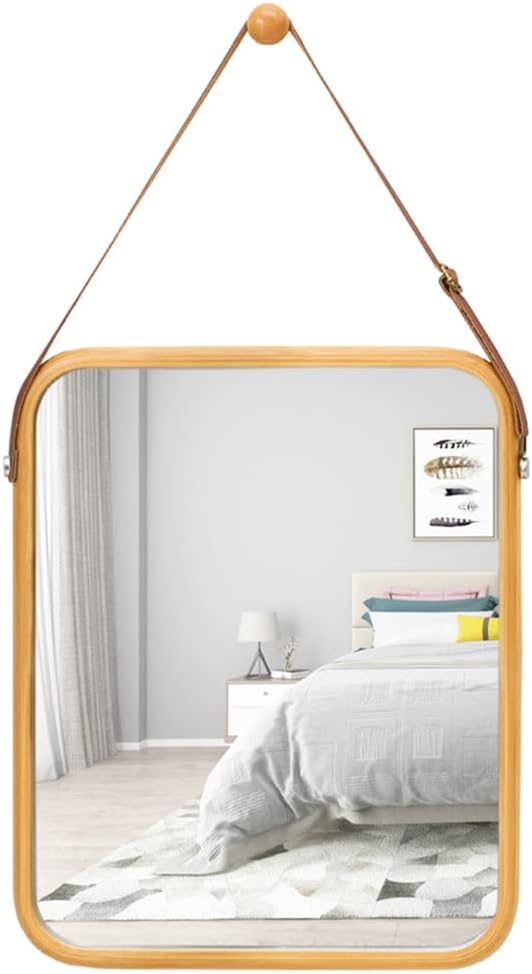 CARLA HOME Hanging Wall Mirror with Bamboo Frame with Adjustable Leather Strap for Bathroom, Bedroom, Vanity or Entryway 40x33 cm