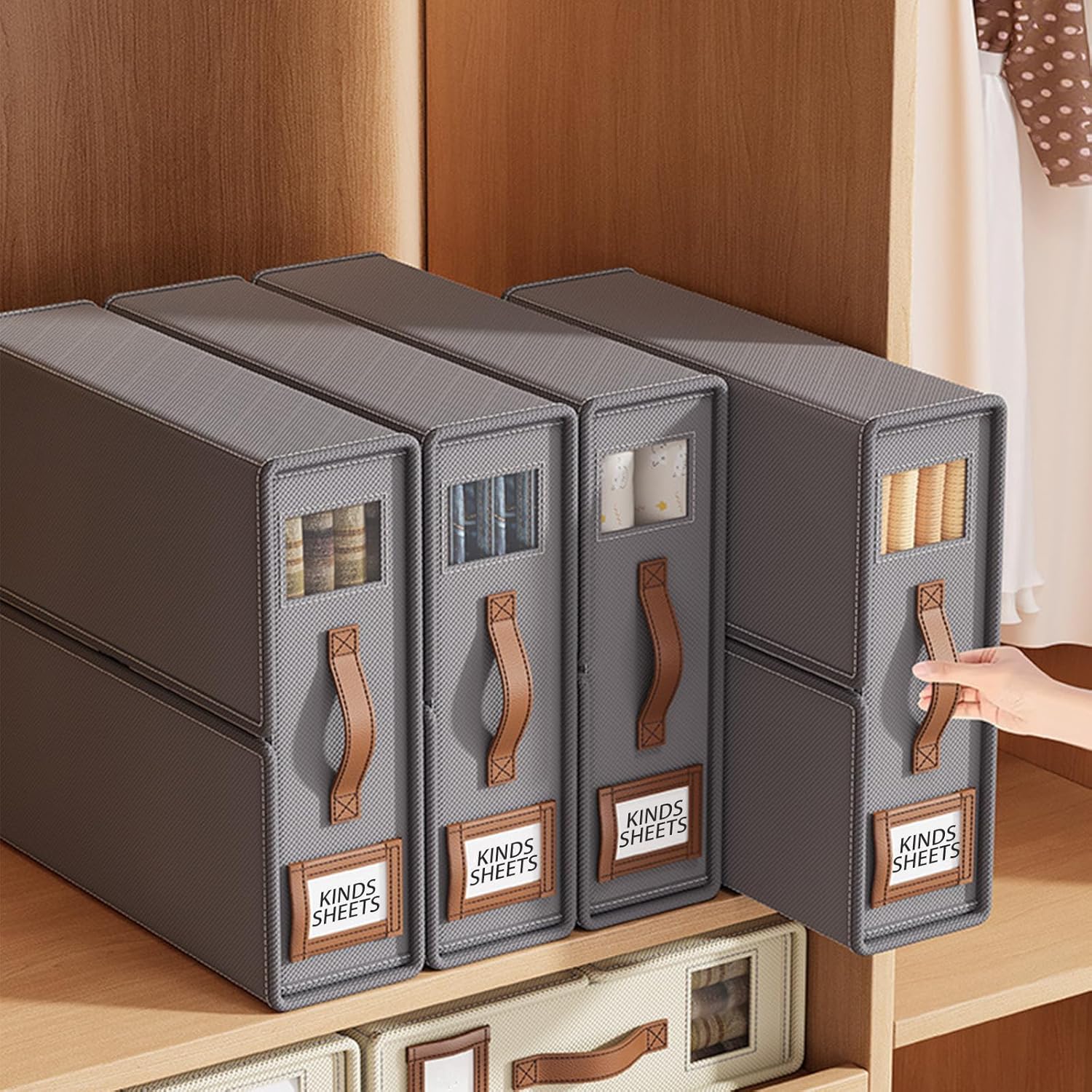 CARLA HOME Bed Sheet Organizer Set of 4 with Handle & Window for Covers, Pillowcases, Blankets, Clothes & Sheets Grey