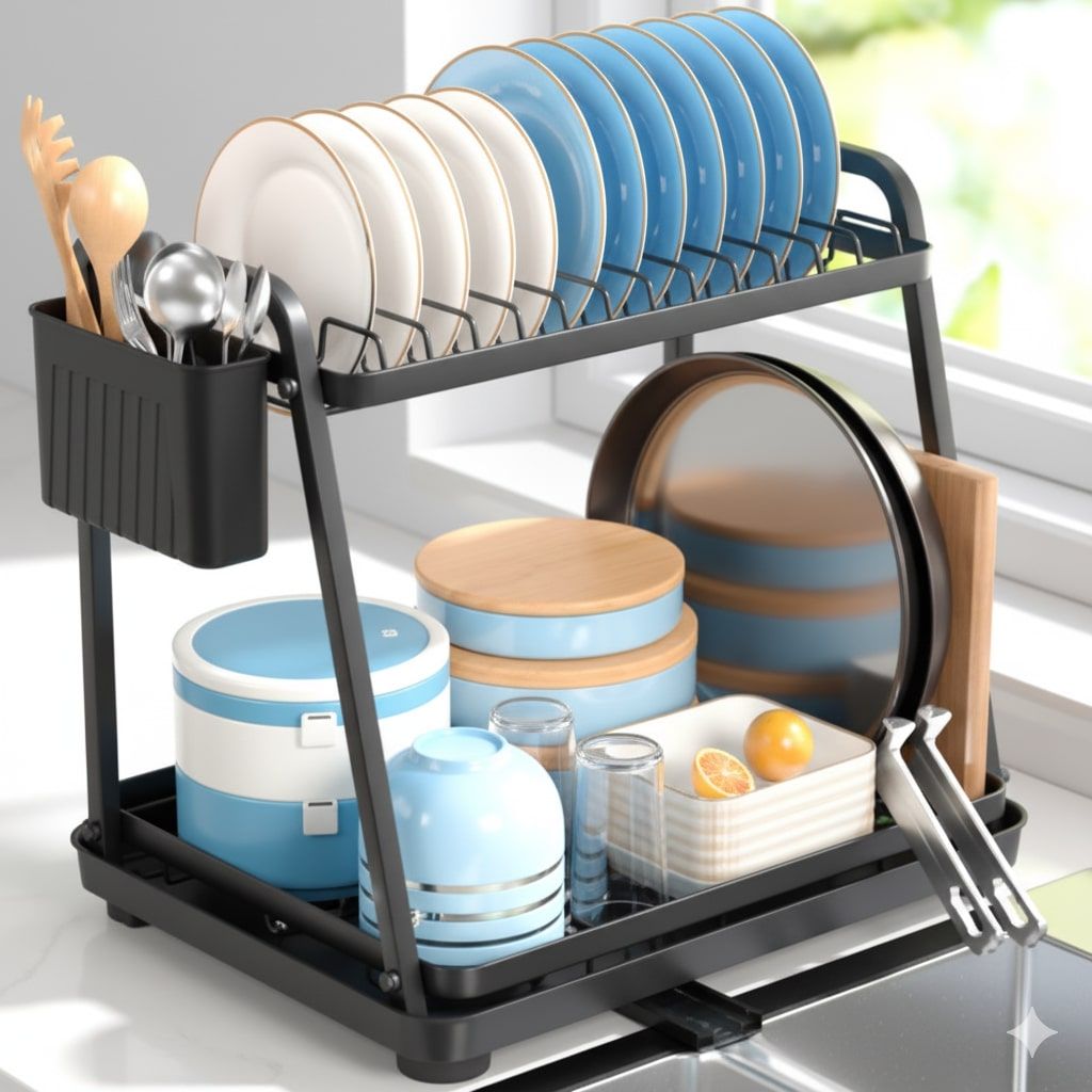 CARLA HOME 2-Tier Dish Drying Rack for Kitchen Countertop with Drainage Tray, Utensil Holder, Cutting Board Slot & Cup Hooks