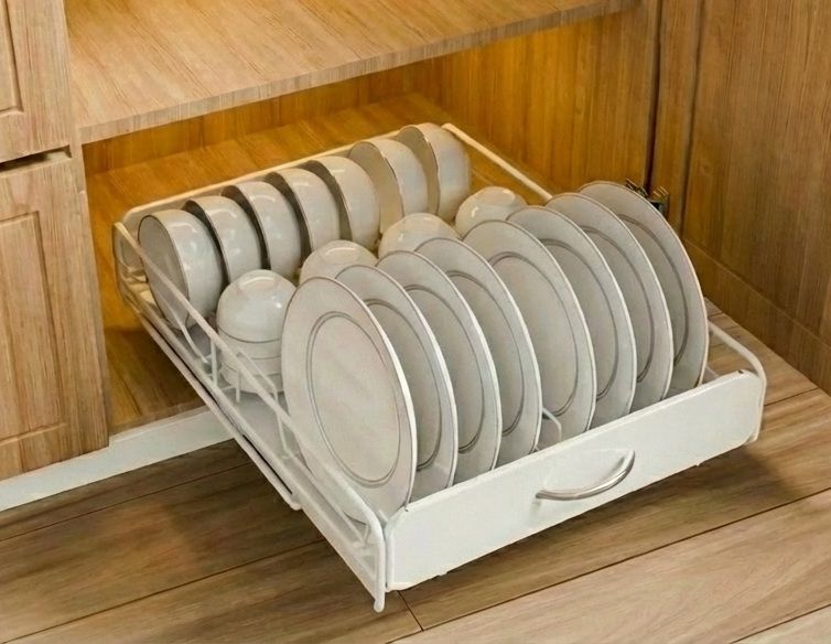CARLA HOME Pull Out Dish Rack for Kitchen Cabinet with Slide Out Drawer Organizer for Plates, Bowls & Utensils