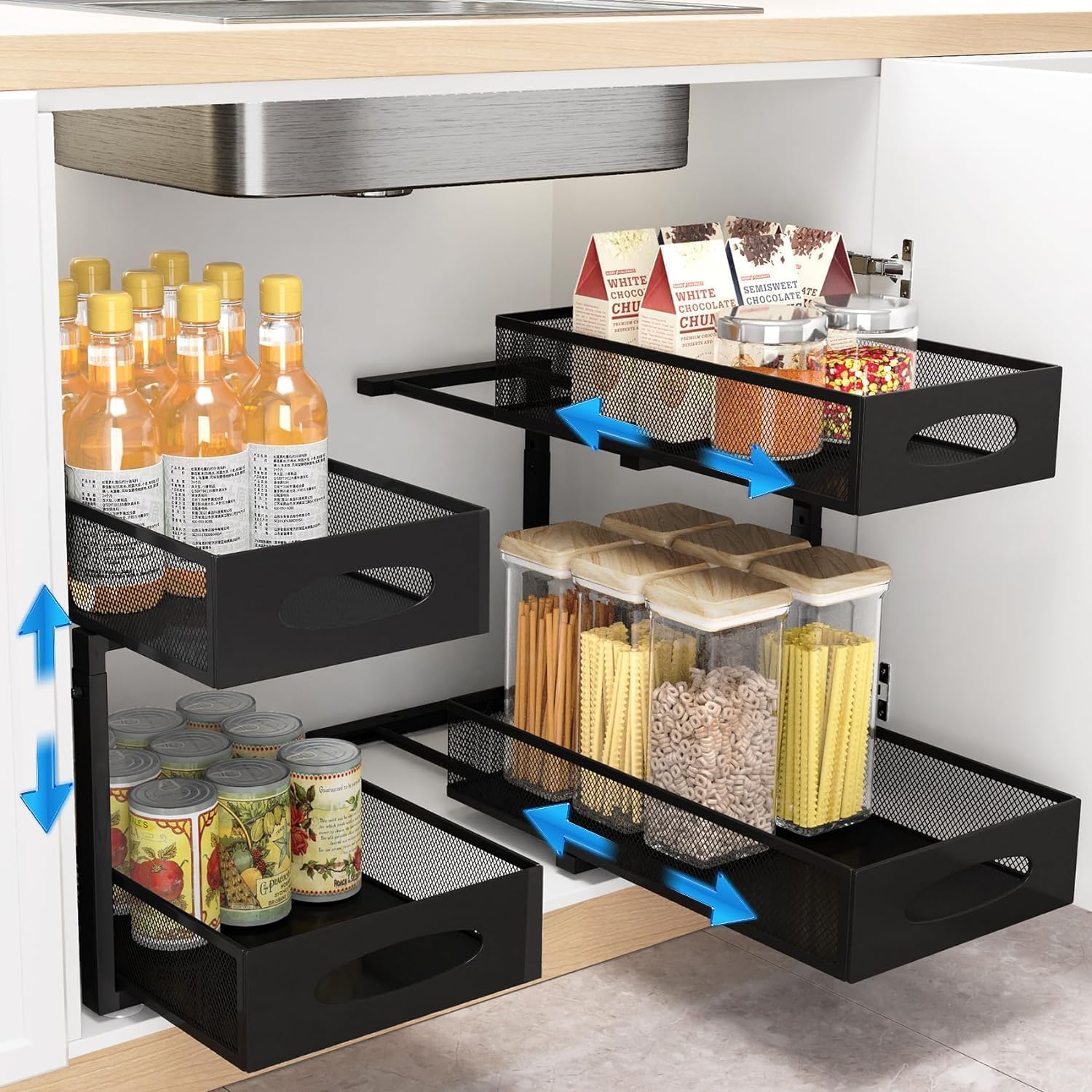 CARLA HOME 2 Pack Under Sink Organizer Pull Out Sliding Cabinet Storage Shelf with Height Adjustable for Kitchen, Bathroom or Laundry Room Black