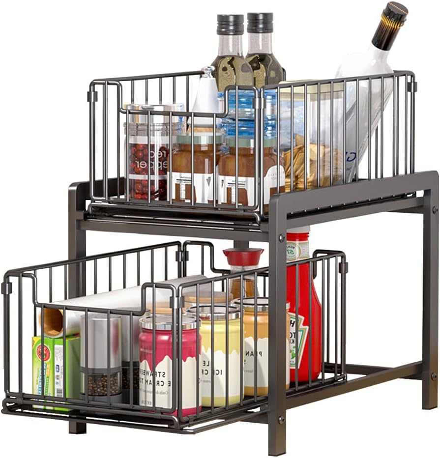CARLA HOME 2 Tier Sliding Cabinet Organizer Drawer Storage Rack for Kitchen or Bathroom