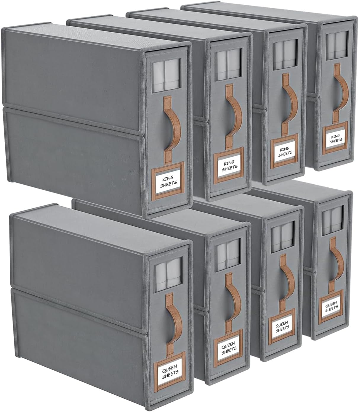 CARLA HOME Bed Sheet Organizer Set of 8 with Handle & Window for Covers, Pillowcases, Blankets, Clothes & Sheets Grey