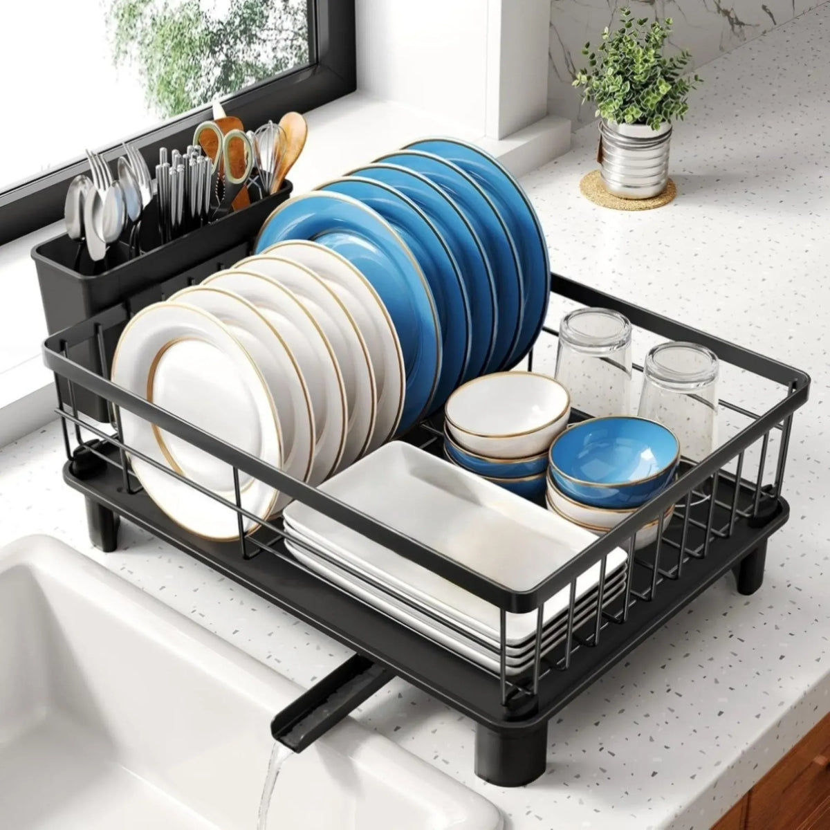 CARLA HOME Dish Drying Rack with Drainboard & Utensil Holder for Kitchen Black