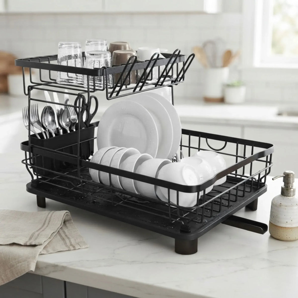 CARLA HOME 2 tier Dish Drying Rack with Drainboard & Utensil Holder for Kitchen Black