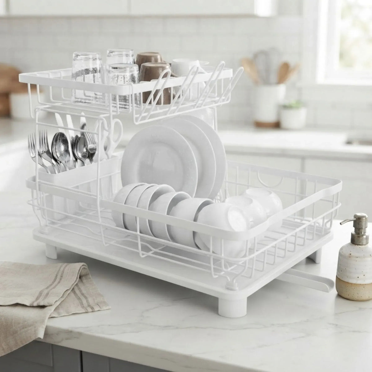 CARLA HOME 2 tier Dish Drying Rack with Drainboard & Utensil Holder for Kitchen White