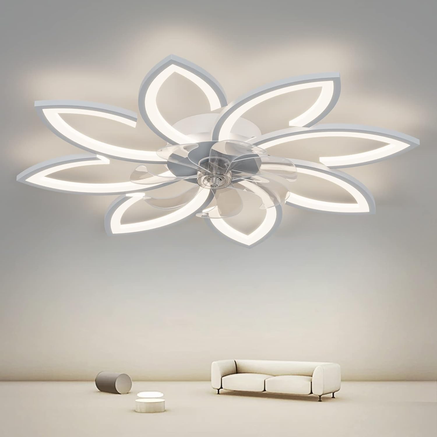 Modern Ceiling Light Fan, Low Profile, 6 Wind Speed, 3 Color 90cm, White