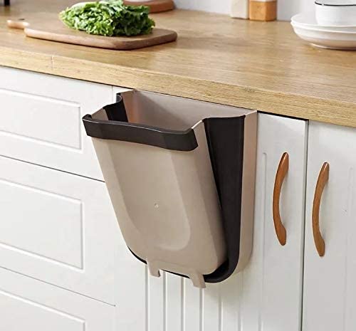 Hanging Trash Can Collapsible Small Garbage Waste Bin for Kitchen Cabinet Door Beige