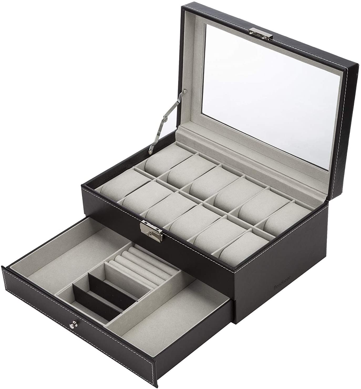 Black Leather Watch Box Jewelry Display Case with Drawers 12 Slots with 2 Layers