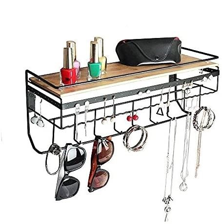 Wall Mount Hanging Jewelry Organizer with 9 Hooks Black Metal