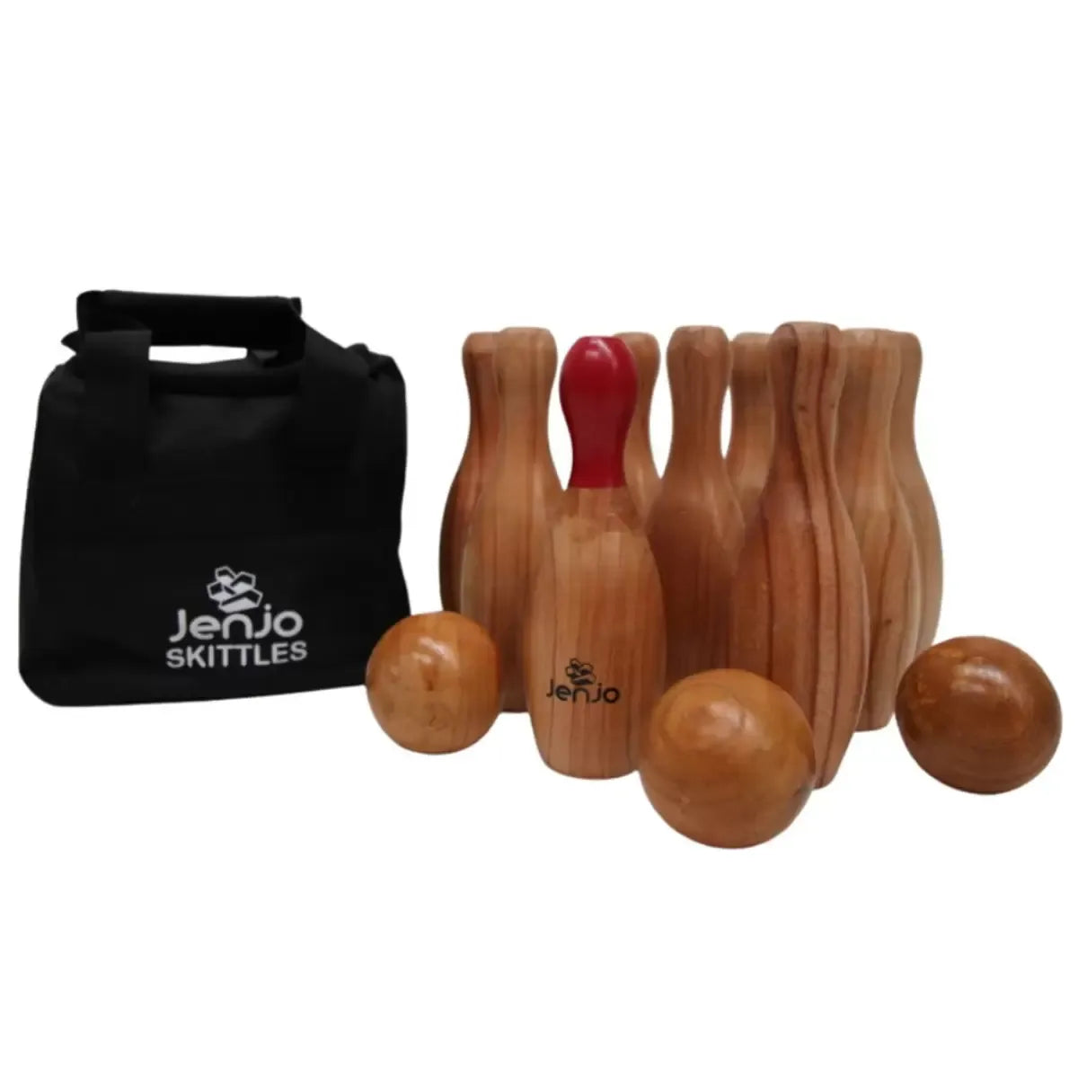 Natural Wooden Skittles Game Set with Carry Bag - 9 Hardwood Skittles 22cm and 3 Wooden Balls 7cm